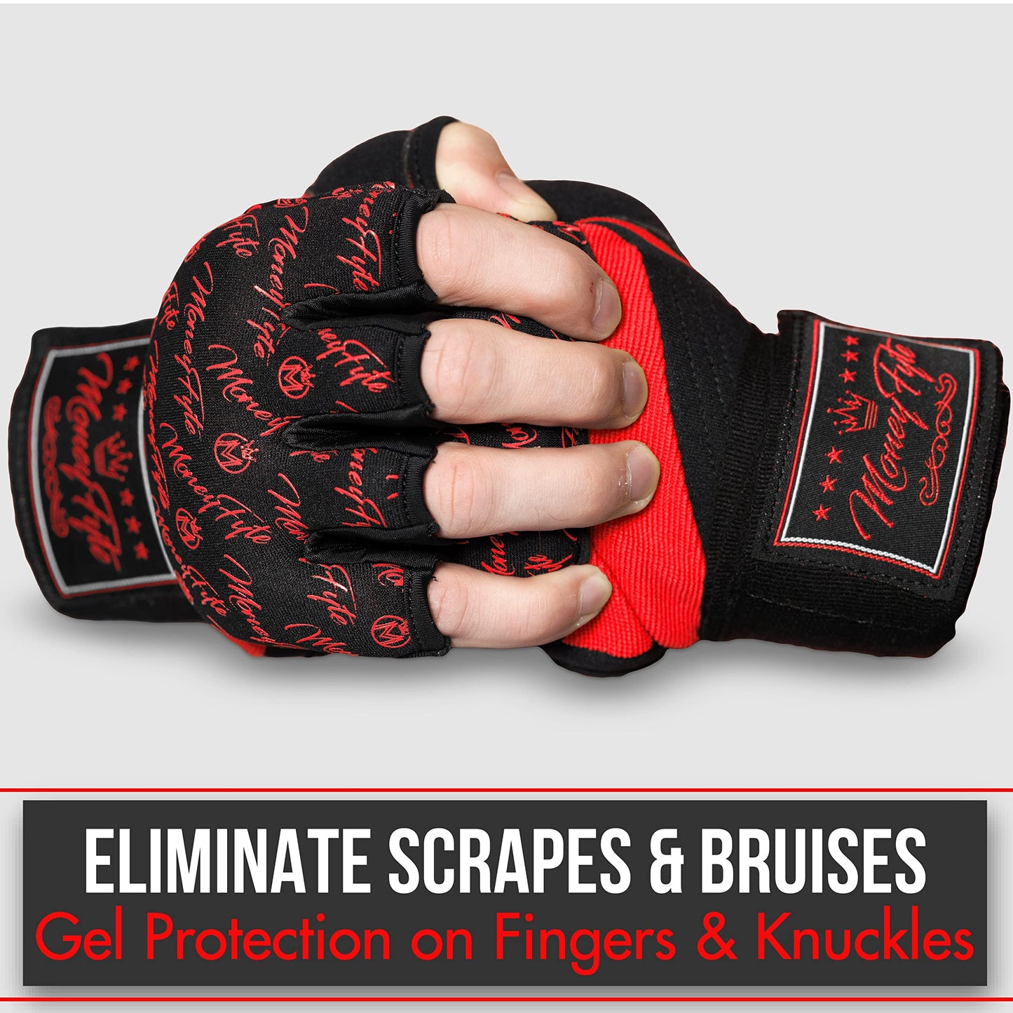 Quick Gel Boxing Wraps Under Boxing Gloves - Kickboxing MMA Muay Thai - Fist, Knuckle, Wrist Wrap Protection Inner Glove Hand Wraps - Men Women Kids - MoneyFyte (Black/Red, L/XL)