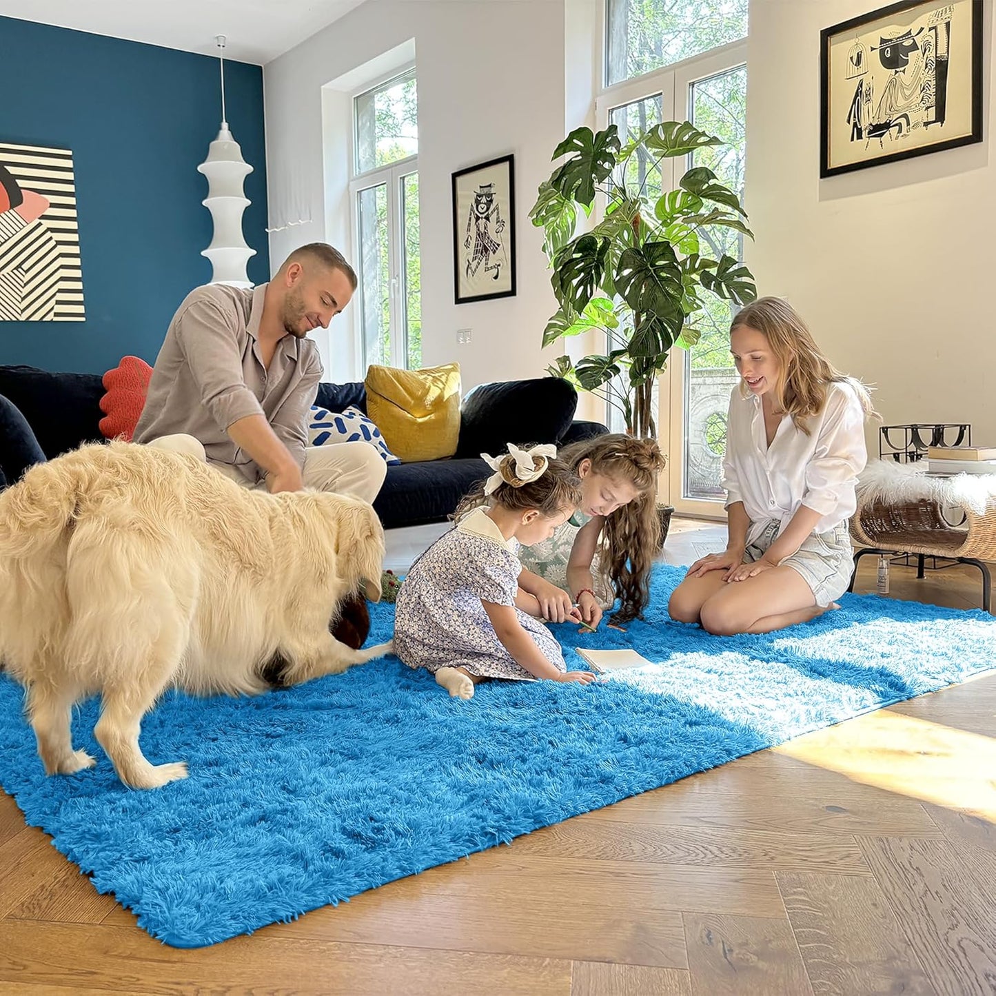 OLANLY Large Area Rug - Soft Fluffy Shaggy Carpet for Living Room & Bedroom | Bright Blue 9x12
