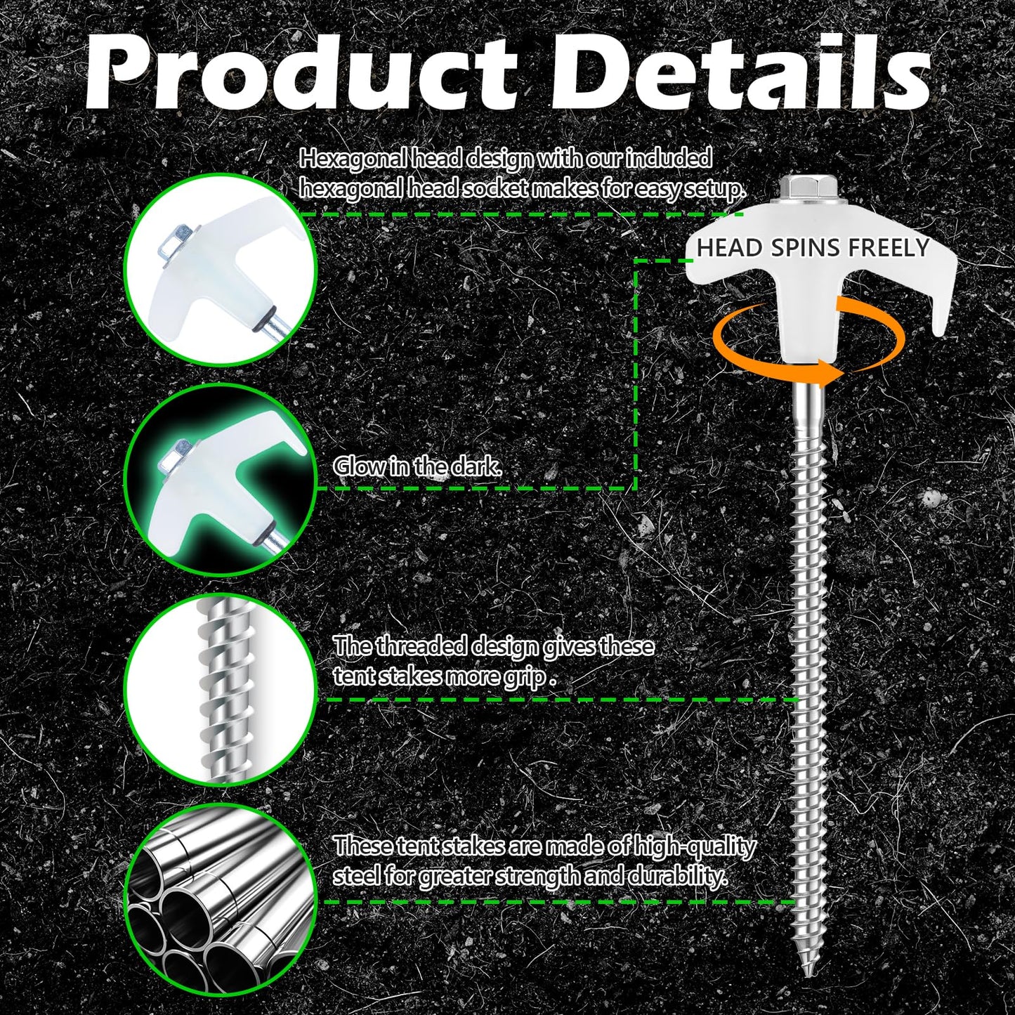12 Pack 8" Heavy Duty Screw in Tent Stakes, Metal Camping Stakes, Drill-In Ground Anchor, Threaded Stakes for Canopies, Gardening, Yard Inflatables, with Hex Socket and Storage Bag (Luminous)