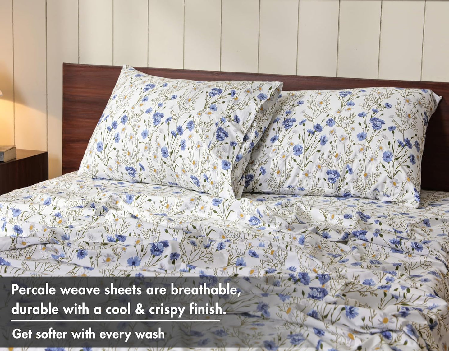 RUVANTI King Size Cotton Sheets - 100% Percale Bedding, Cooling Floral Design, 16" Deep Pocket, 4-Piece Set