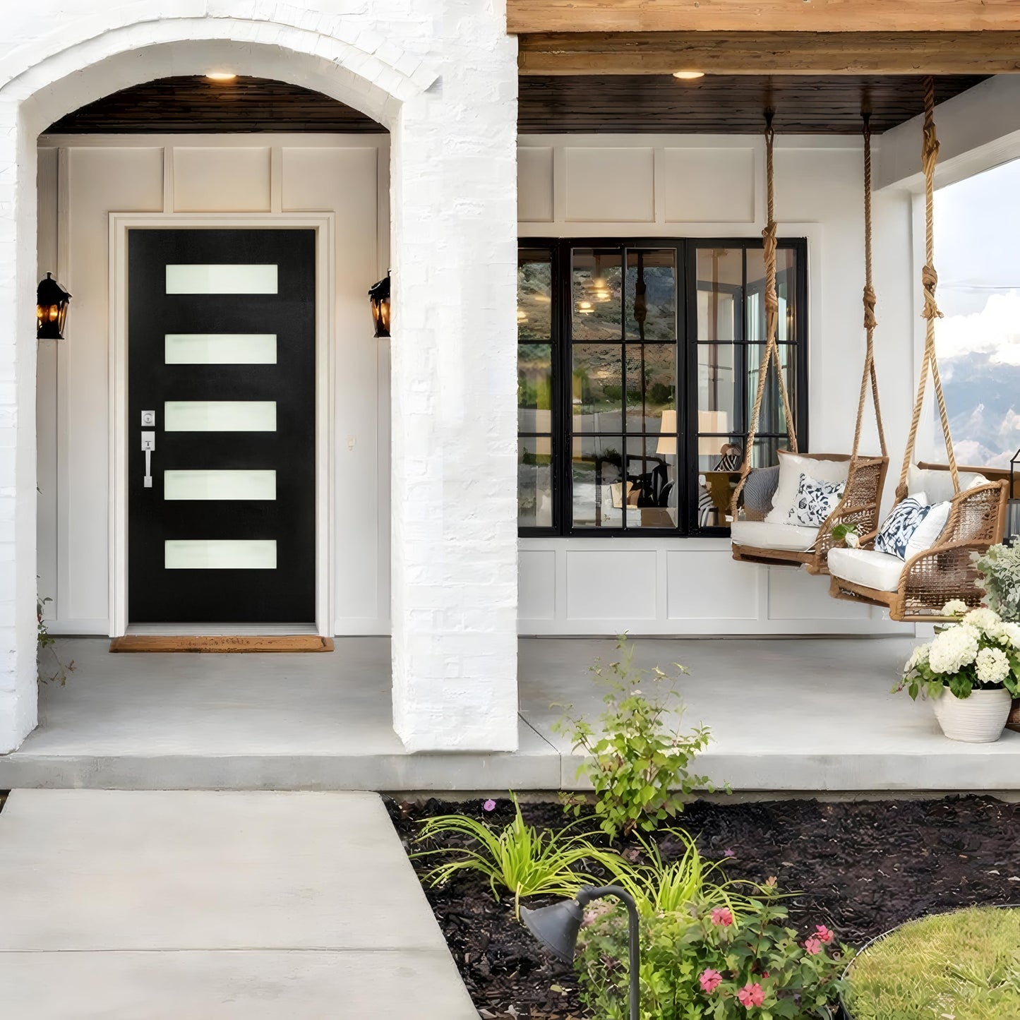 36'' x 80'' Fiberglass Door Slab, Actual Size 35-3/4''x79'', Black Exterior Door Slab with Pre-Cut Hinge Mortises and Lockset Hole, Right-Hand Inswing/Outswing, Smooth Finish and 5 Lite Frost Glass