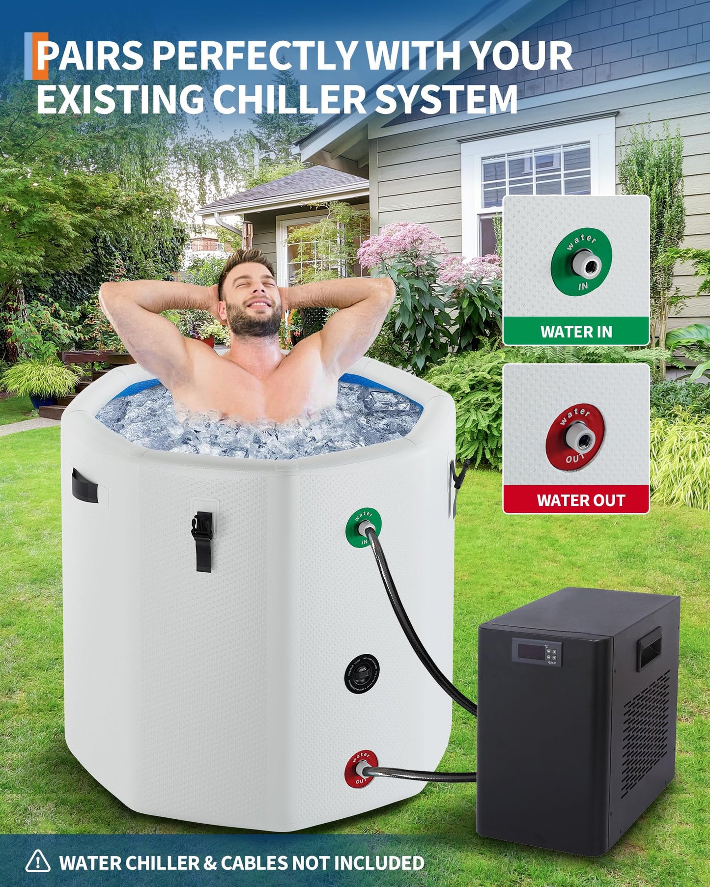 XXL Ice Bath Tub for Athletes, Compatible with Water Chillers, 186-Gallon Inflatable Cold Plunge Tub with Insulated Lid, Portable for Outdoor & Indoor Recovery (White, 186Gallon)