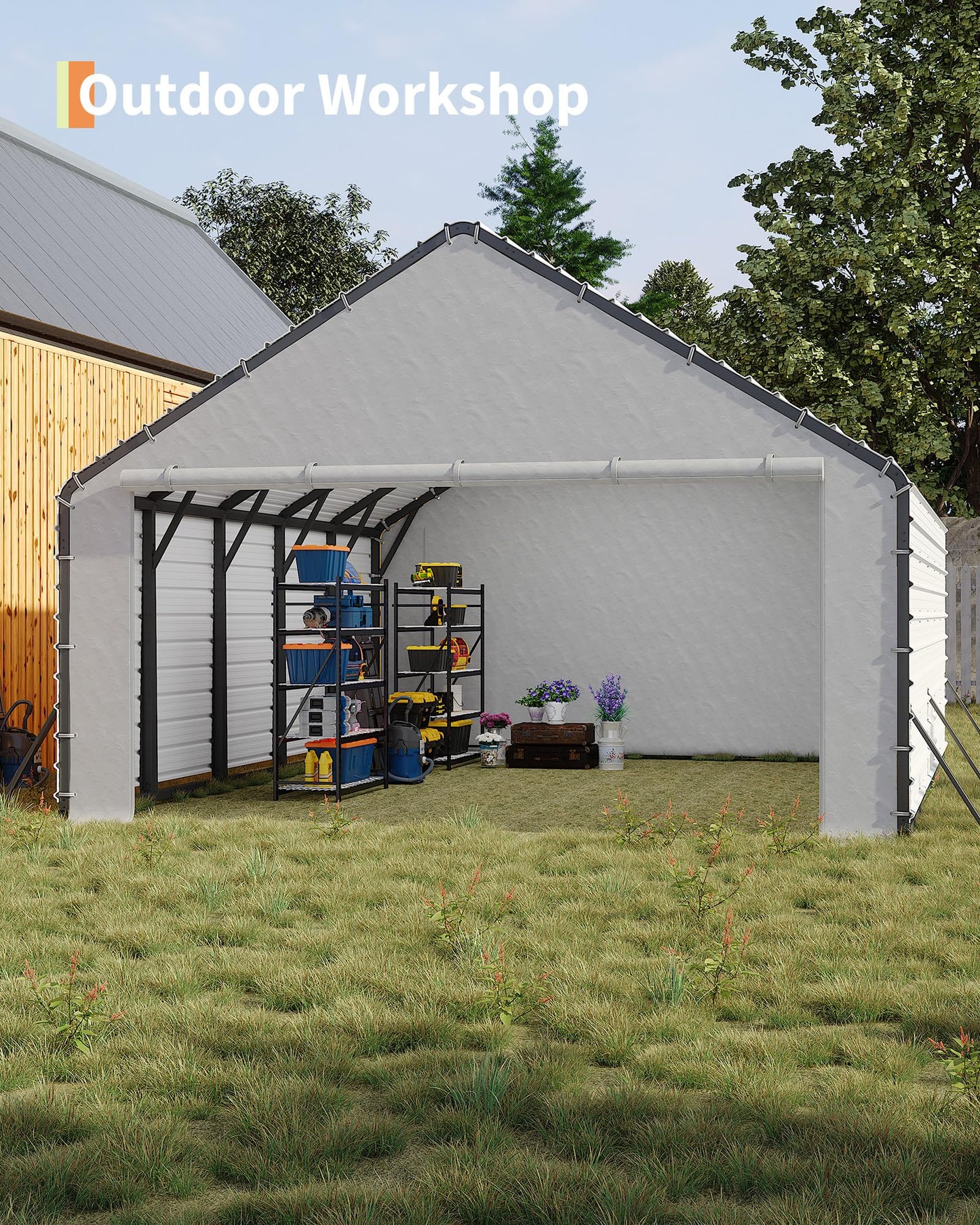 GarveeLife Heavy-Duty PE Enclosure Kit (2-Pack) for Metal Carport - 220gsm Roll-Up Zipper Door Panels for 20x25, 20x20 ft, with Ball Bungees, White