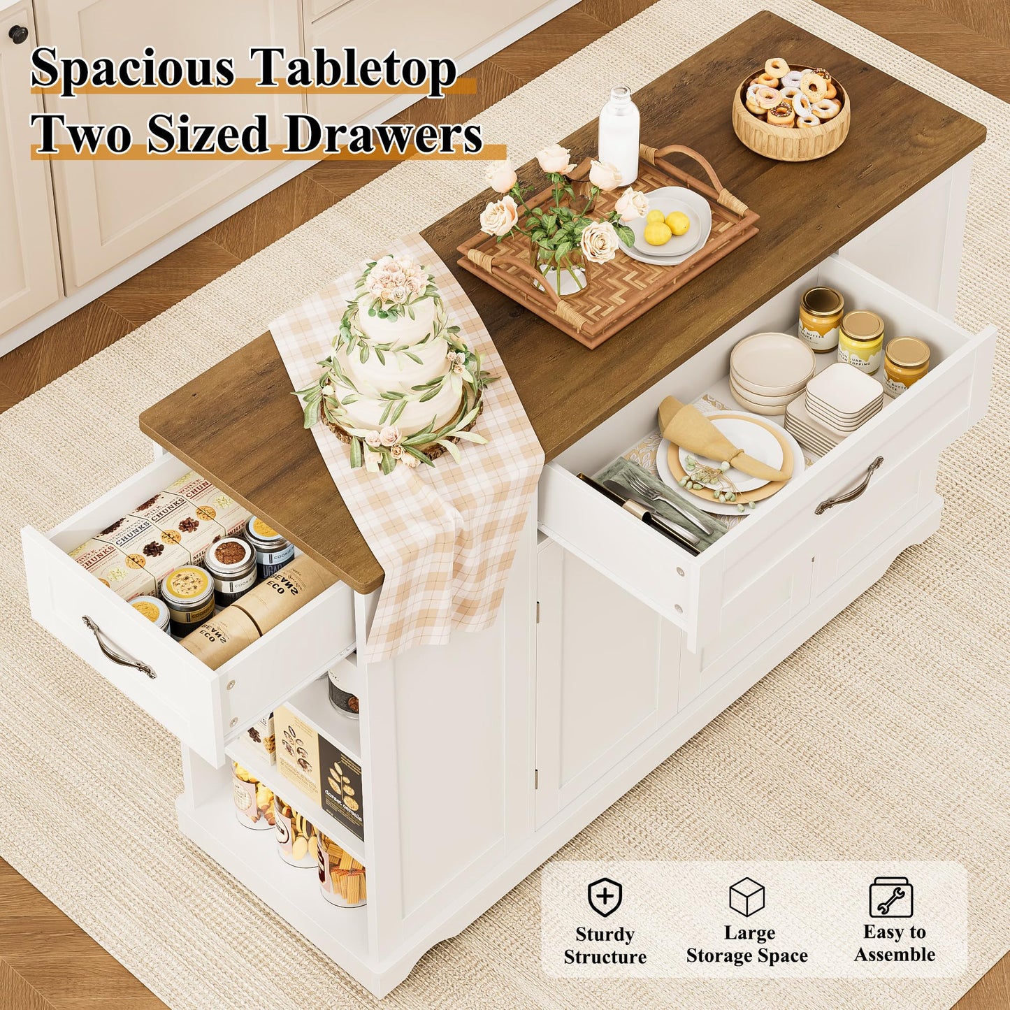HOSTACK Kitchen Island Cart with Storage, 47'' Kitchen Storage Island on Wheels with 2 Drawers, Rolling Island Table with Adjustable Shelves, Mobile Buffet Sideboard Cabinet for Dining Room, White