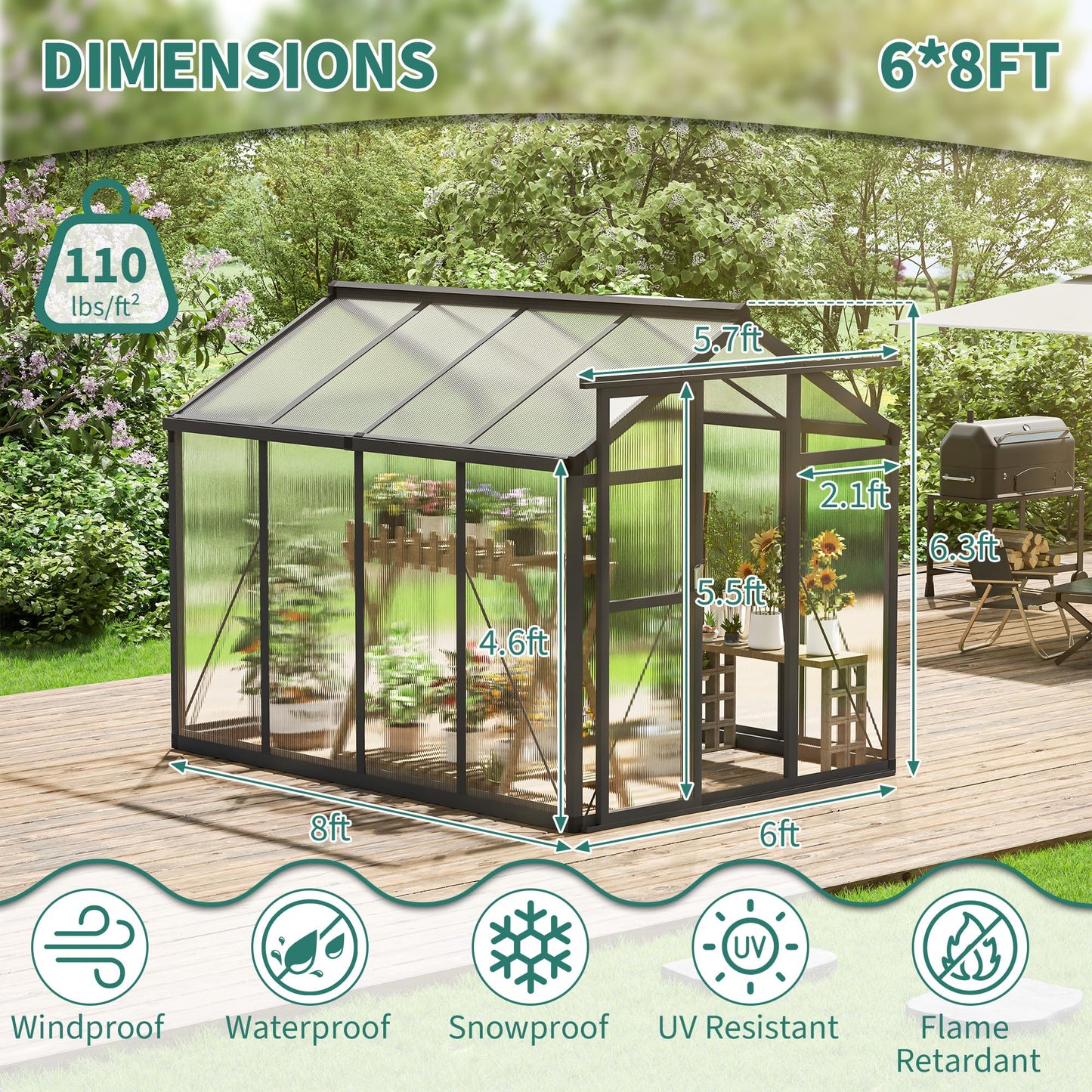 Garvee 6x8ft Greenhouse, Large Walk-in Greenhouse for Outdoors with Roof Vent & Lockable Smooth-Gliding Sliding Door, Heavy Duty Aluminum Frame Polycarbonate Green House for Garden,Backyard,Lawn,Grey