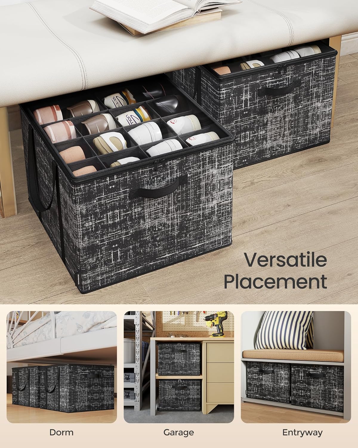 SONGMICS Shoe Organizer - Foldable Fabric Storage Bins with Clear Lid - Holds 32 Pairs, Ink Black, 16.5 x 16.5 x 12.5 Inches