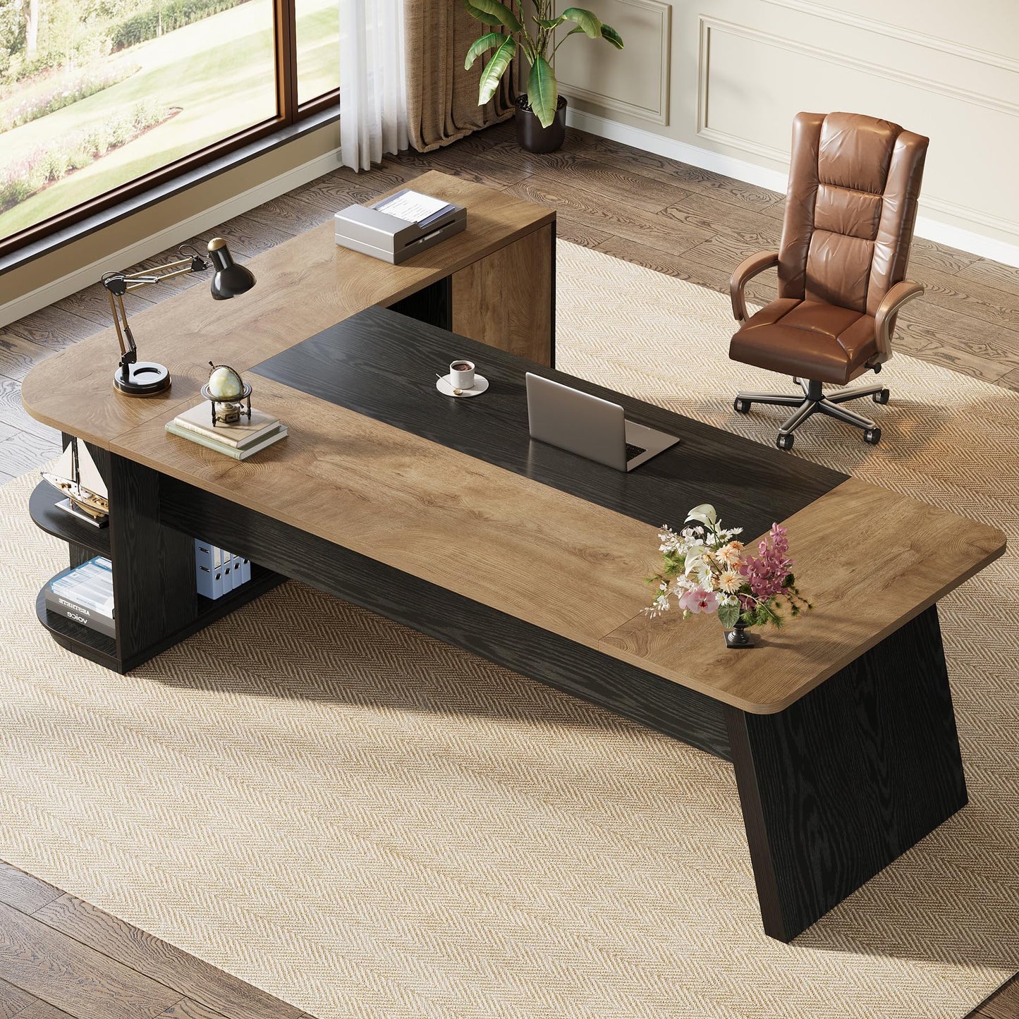 Tribesigns 79-Inch Executive Desk, Large Office Desk with Cabinet, L-Shaped Compter Desk with Storage Shelves, Writing Table for Home Office, Natural Oak and Black