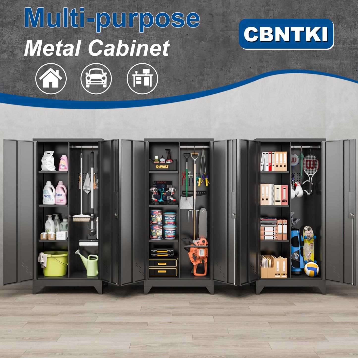 CBNTKI Metal Garage Storage Cabinets with Lock, Cabinet with Pegboard & Hanging Rod, Broom Closet Storage Cabinets, Black Lockable Steel Tool Cabinet for Home,Garage,Utility Room