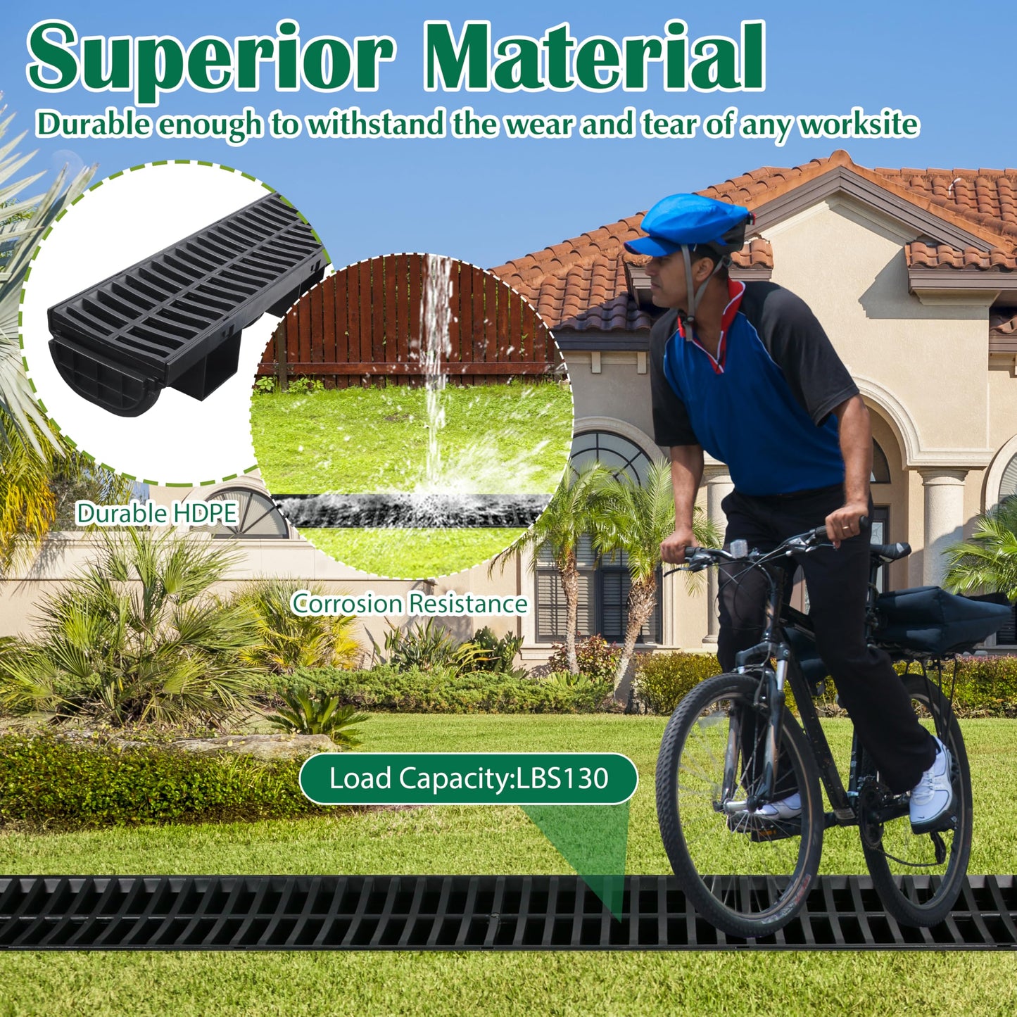 Goldshire Trench Drain System with Plastic Grate, 6 Packs HDPE Channel Drainage, 39.4" x 5.9" x 5.1" Garden Drain, Total Length 236.4 Inch for Driveway Yard Pool Sidewalk Patio (6, 5.9 x 5.1 Inch)