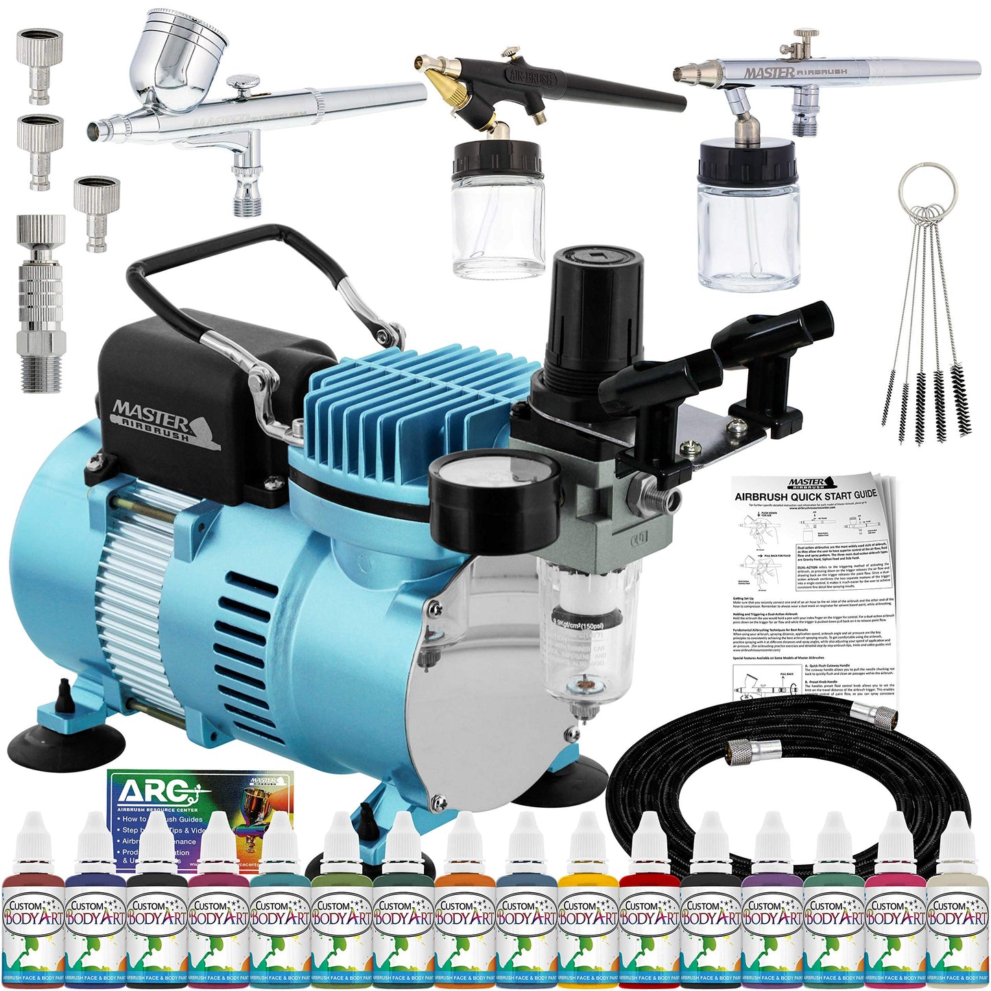 Master Airbrush Cool Runner II Airbrush Kit with Dual Fan Air Compressor, 16 Color Water-Based Face & Body Art Paint Set, 3 Airbrushes, Cleaning Brushes & Washable Temporary Tattoo, How-to Guide