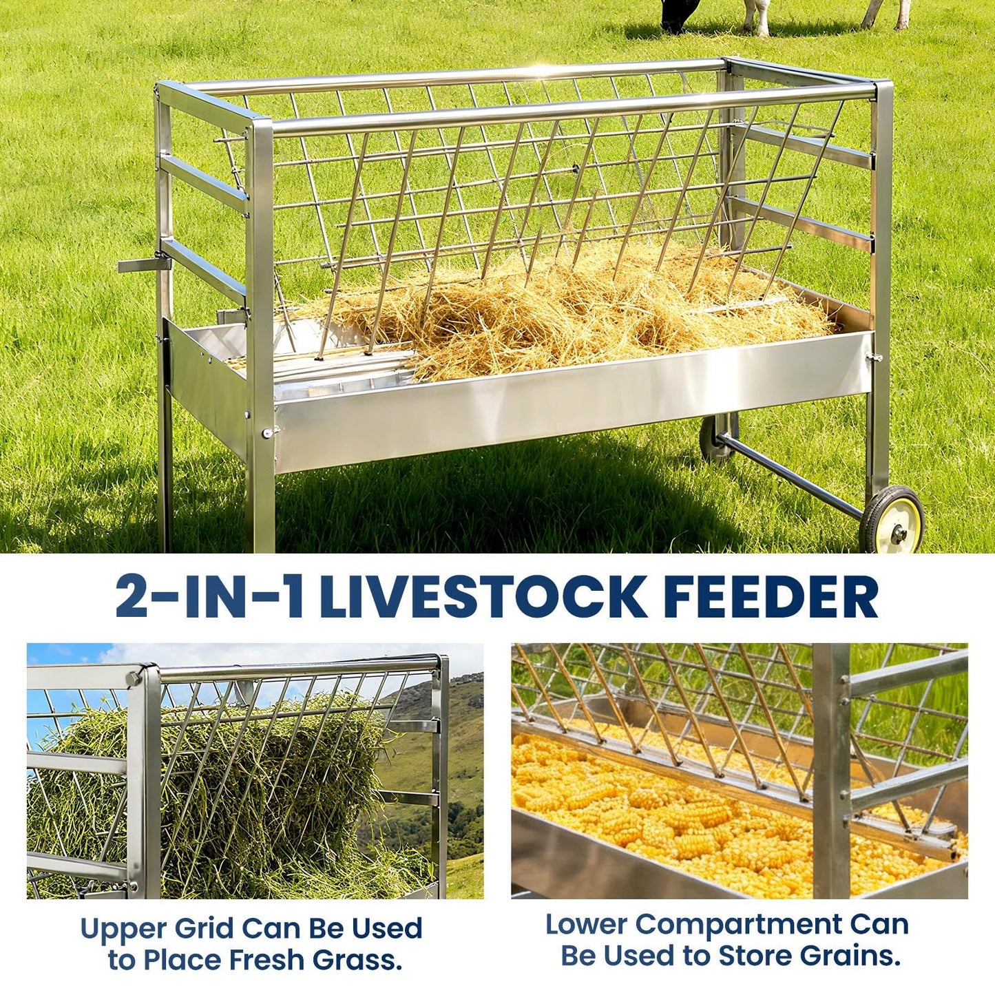 Goat Hay Feeder with Wheels, Goat Feeder 2‑in‑1 Galvanized Steel Heavy‑Duty Design, Large Capacity Rust‑Proof Livestock Feeder, Easy to Clean Mobile Cart for Goats, Sheep, Horses & Ponies