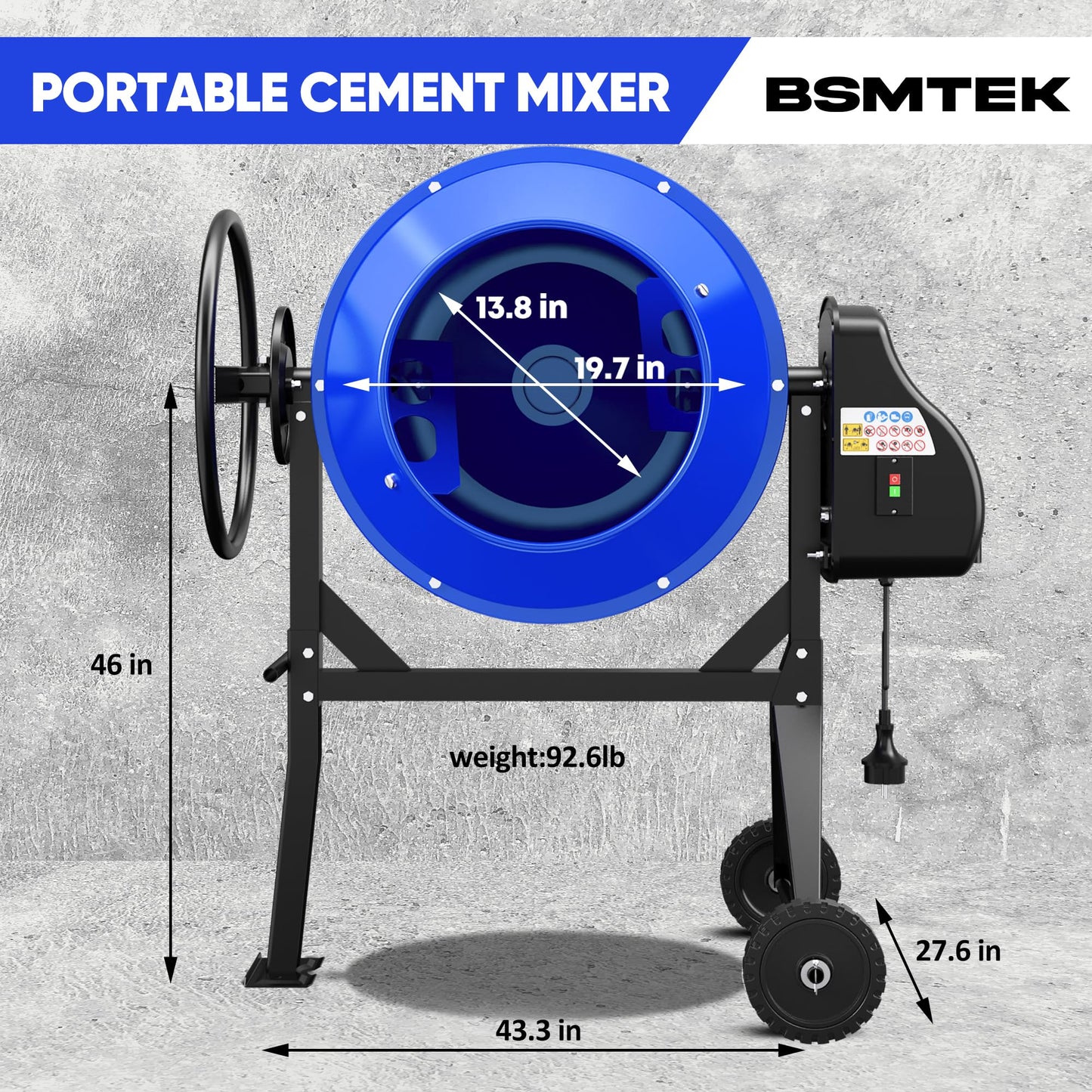 BSMTEK Electric Cement Mixer, 4.3 Cubic Ft. 450W Portable Concrete Mixer Machine with Stand And Wheels for Stucco, Mortar, Seeds, Blue-2026 Upgraded