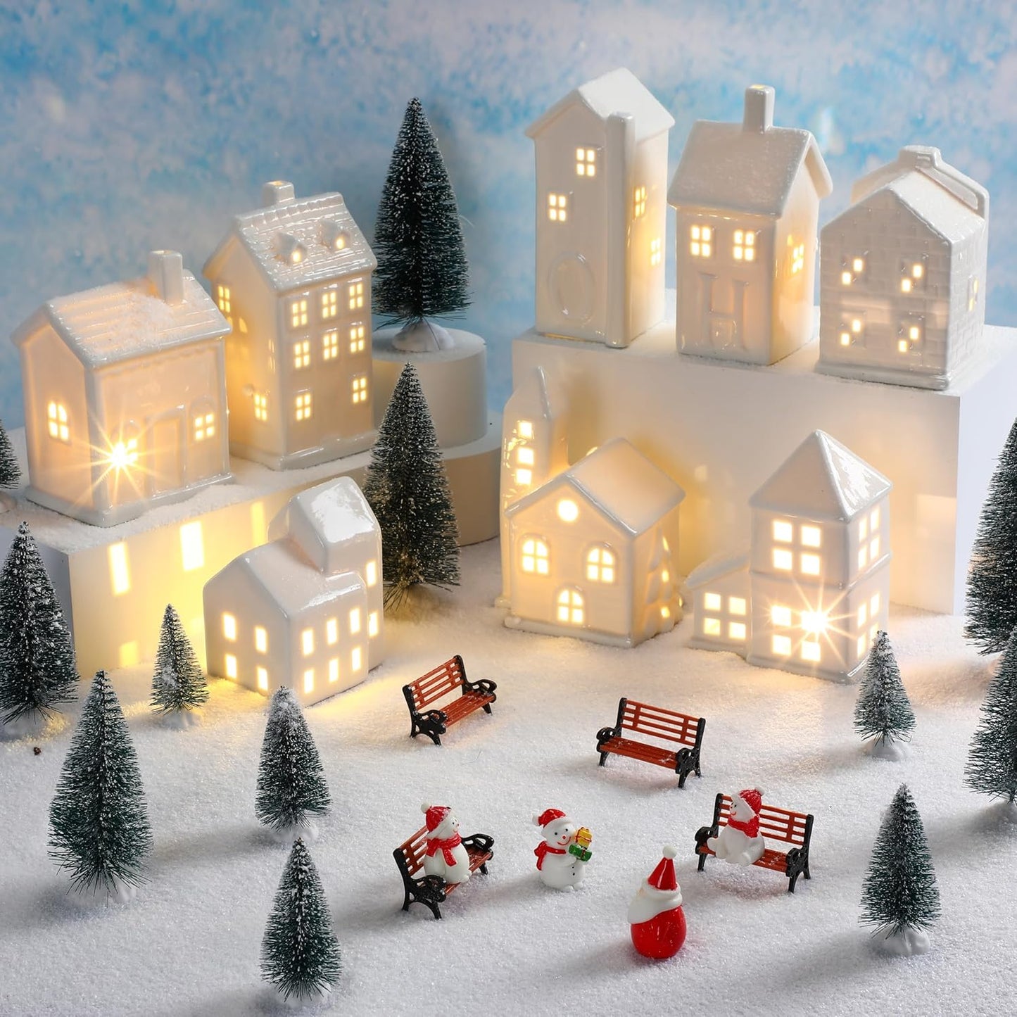 Soaoo Ceramic Christmas Village Set - 29 Pcs with LED Houses, Trees, Snowmen & Fake Snow | White Porcelain Decor