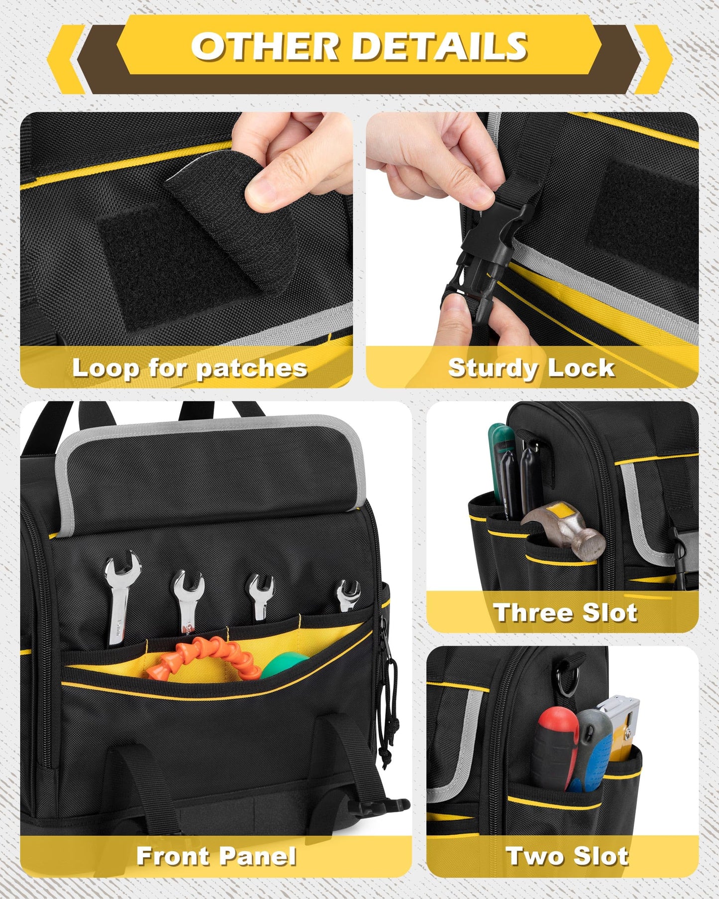 Trahzia 12-Inch Tool Bag with Hard Bottom, Electrician Tool Box Organizer with Detachable Divider, Multi-Purpose Work Tote for Mechanics, Carpenters, Plumbers, Black
