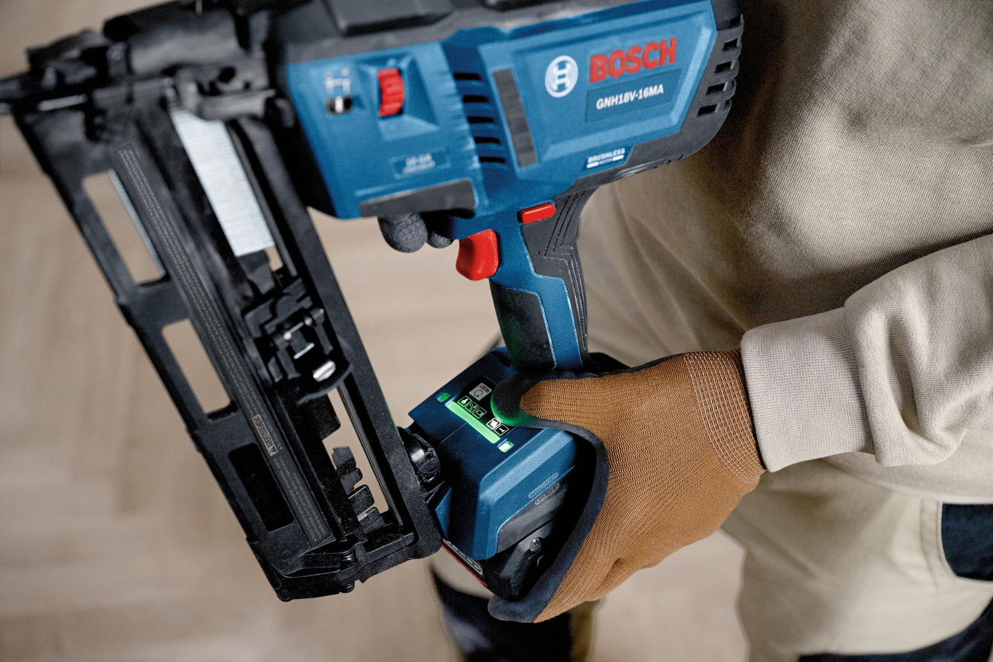 BOSCH GNH18V-16MAN 18V Brushless 16-Gauge Angled Finish Nailer - Fastens up to 1,600 Nails per Charge, One-Handed Activation, Tool-Free Jam Clearing, Belt Hook (Bare Tool)