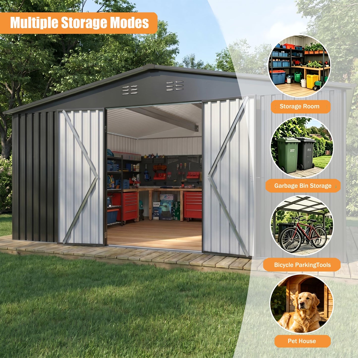EASYHAWK 14x12 FT Outdoor Storage Shed, Metal Garden Shed with Lockable Door & Sloped Roof, Large Waterproof Utility Tool Shed for Backyard, Garden, Patio, Lawn, Black