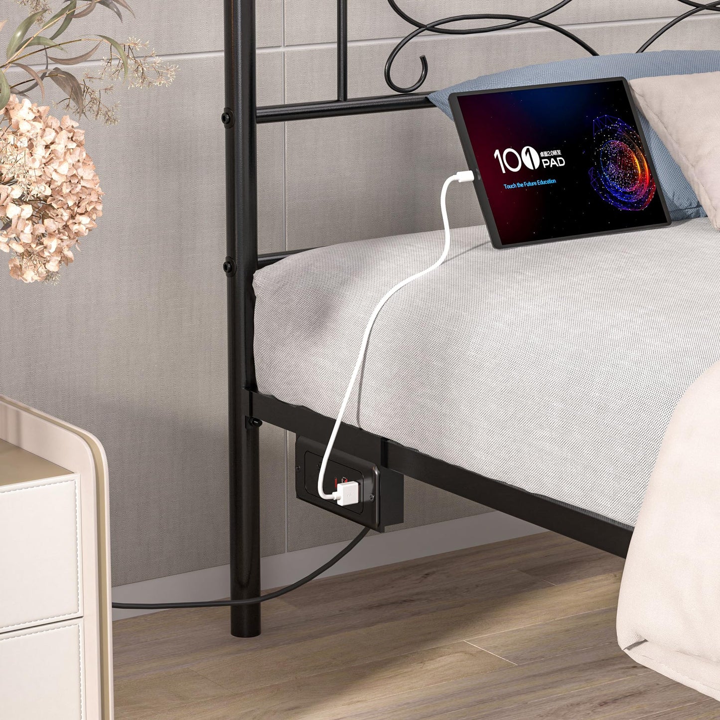 VECELO 14" Queen Size Metal Platform Bed Frame with Headboard and Charging Station,Premium Steel Slat Support No Box Spring Needed,Noise-Free Anti-Slip,Easy Assembly