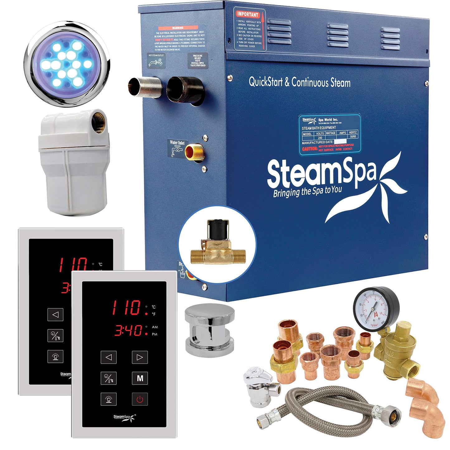 SteamSpa 9kW Steam Sauna Generator Executive Bundle 240V Steam Generator with Touch Pad, Steamheads, Pressure Relief Valve, Built-in Auto Drain, LED Light, Filter and Quick Install Kit EXT900CH-A