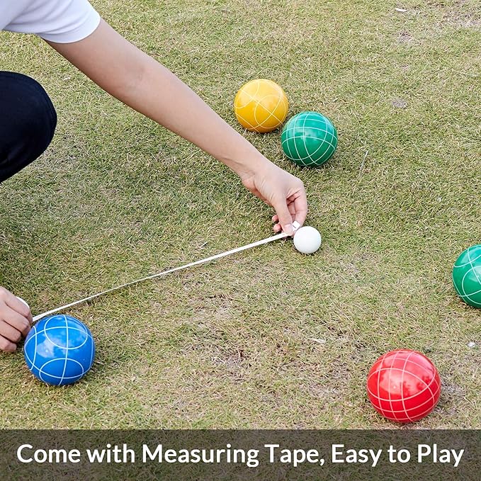 ApudArmis Bocce Balls Set, Outdoor Family Bocce Game for Backyard/Lawn/Beach - Set of 8 Poly-Resin Balls & 1 Pallino & Nylon Carrying Case & Measuring Rope (90mm)
