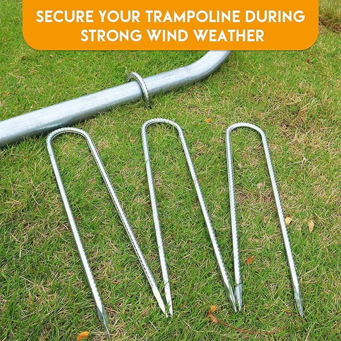 Trampolines Wind Stakes Heavy Duty U Type Sharp Ends 12inch Safety Ground Anchor Galvanized Steel for Soccer Goals, Camping Tents and Huge Garden Decoration (Trampoline Stakes 4pcs)