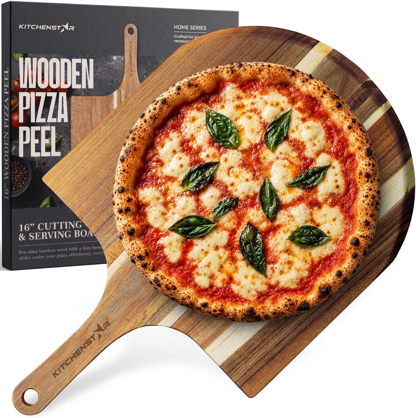 KitchenStar 16-Inch Acacia Wood Pizza Peel – Extra Large Wooden Cutting & Serving Board with Handle – Natural Oil Finish – Ideal Pizza Oven Accessory for Easy Sliding & Prep