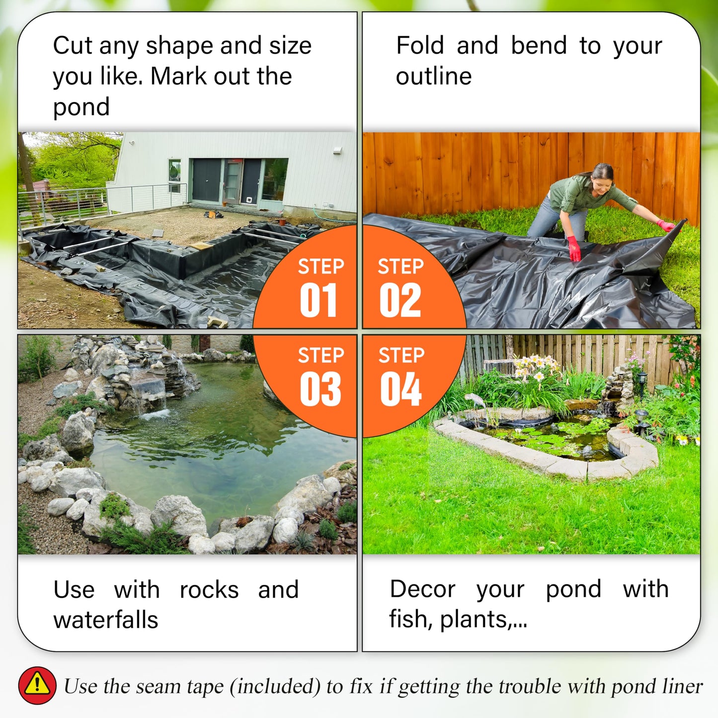 PAMAZY [Premium] 45 Mil LDPE Pond Liner with Seam Tape, Pond Lining for Fish Pond, Performed Garden Ponds, Large Pond Liner for Fishpond, Koi Pond, Waterfall, Streams (19.7 x 26.2FT)