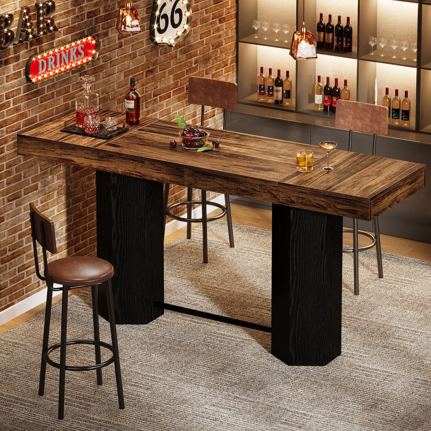 Tribesigns 70.9" Extra Long Bar Table, Industrial Counter Height Table, Rectangular Bar Height Tables with Metal Footrest for Kitchen Dining Room, Living Room, Pub (Rustic Brown & Black)