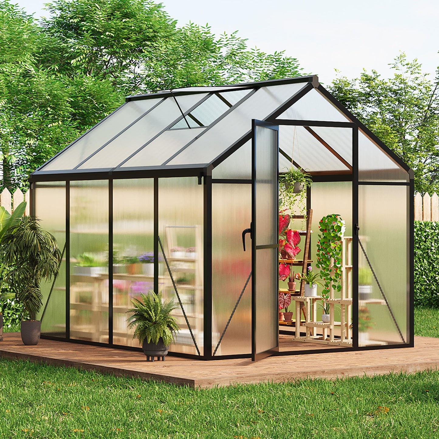 GarveeLife 6x8 FT Greenhouse for Outdoors, Polycarbonate Greenhouse with Roof Vent, Ground Nails, Lockable Push Door, Aluminum Large Walk-in Green House for Outside Garden Backyard, Patio, Lawn, Black