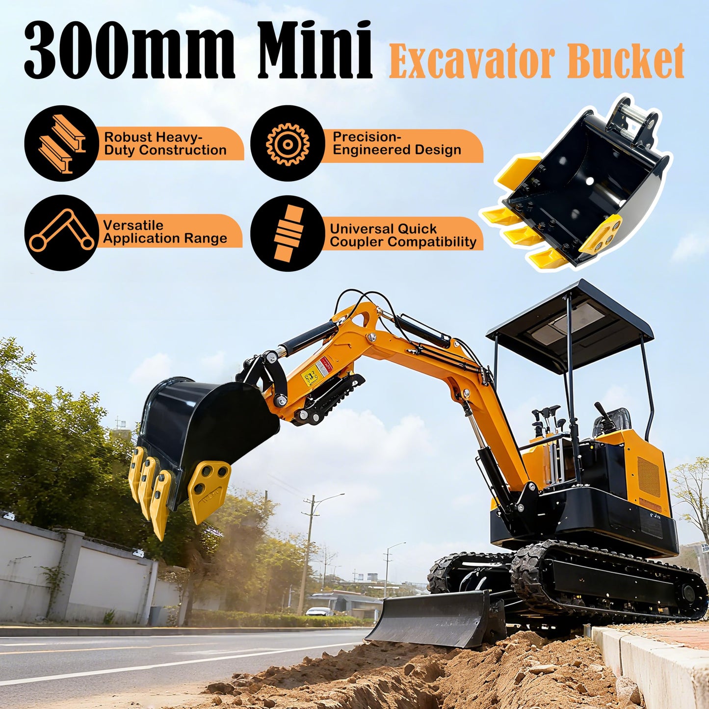 Mini Excavator Bucket 300mm with 0.98in Hole & 3.54in Span, 11.81in Trench Digger with Metal Teeth for 0.8-1.8 Ton Excavators, Digging Bucket with Manganese Steel Attachment (300mm/11.81inch)