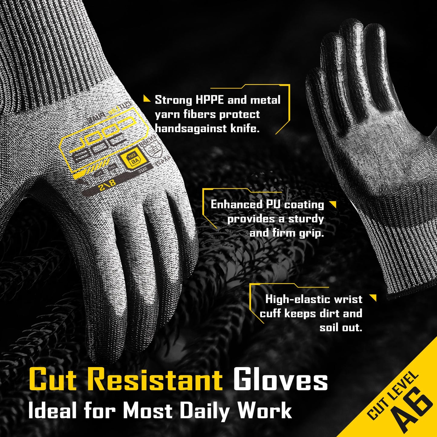 COOLJOB 12/120 Pairs A6 Cut Resistant Safety Work Gloves with Grip, Breathable & Lightweight Polyurethane PU Coated Protective Gloves for Wood Carving, Glass Handling, Mechanic Work, Gray Large