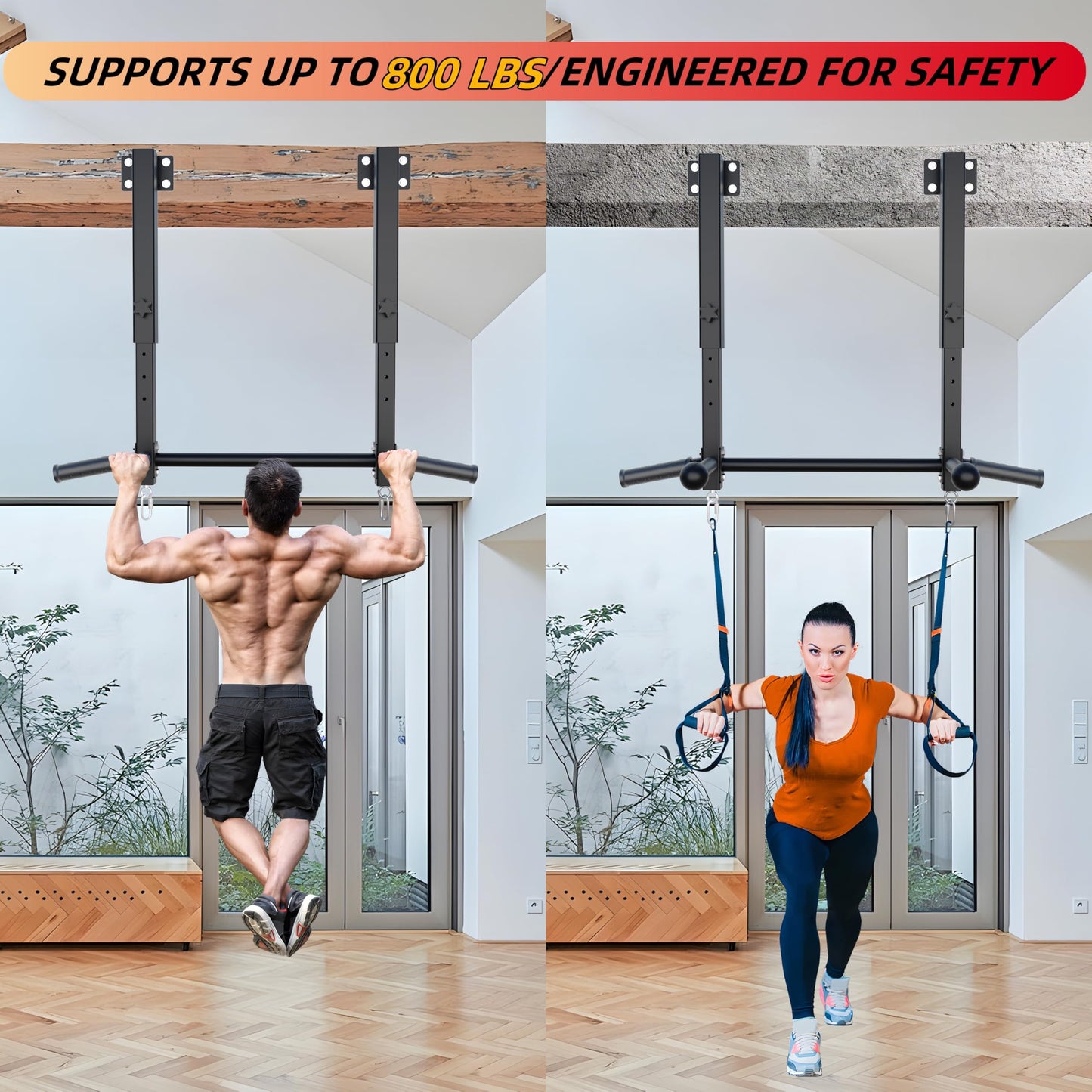 Upgraded-Joist Mounted Pull Up Bar, 800 lbs Heavy Duty Wall Mounted Chin Up Bar, Adjustable Height Pullup Bar for Garage, Basement, Backyard, Beam and Rafter Mount, Easy Installation, Ideal for Multiple Grip Options