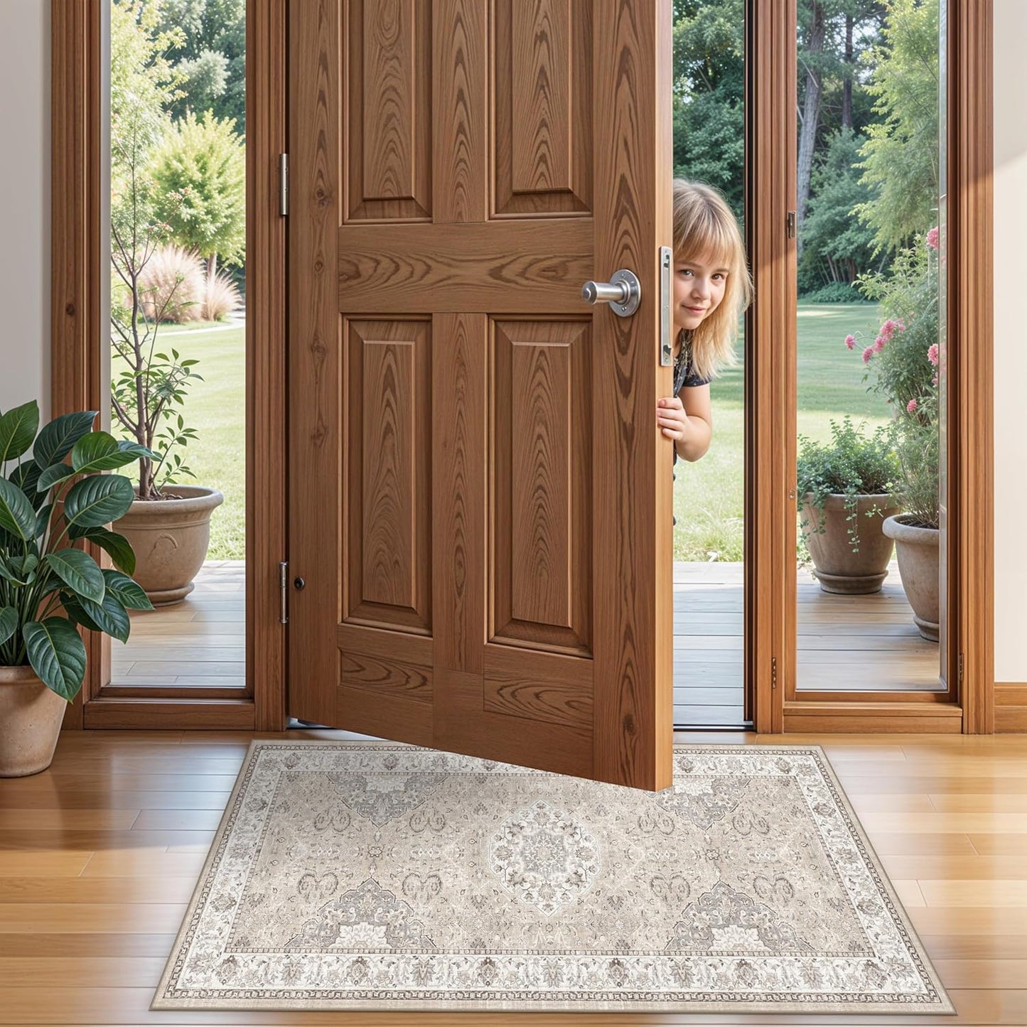 Skiennix Washable 2x4 Entryway Area Rug - Vintage Water-Resistant, Non-Slip, Ultra Soft Beige Mat