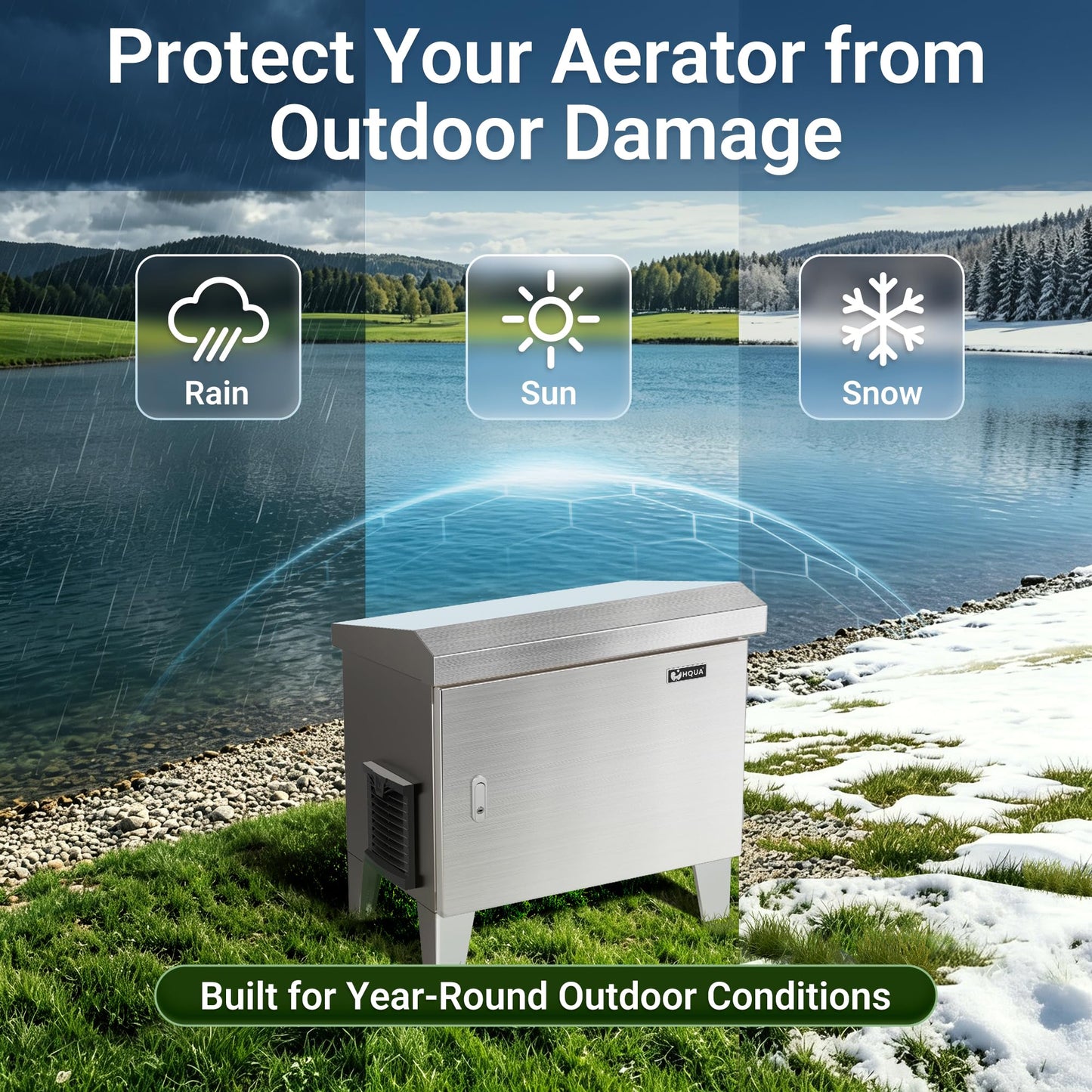 HQUA PRO Stainless Steel Pond Aerator Pump Cover Cabinet, Corrosion-Resistant Outdoor Protection System with Cooling Fan, Pre-Wired Outlet & 10 ft Power Cord, Heavy-Duty Enclosure