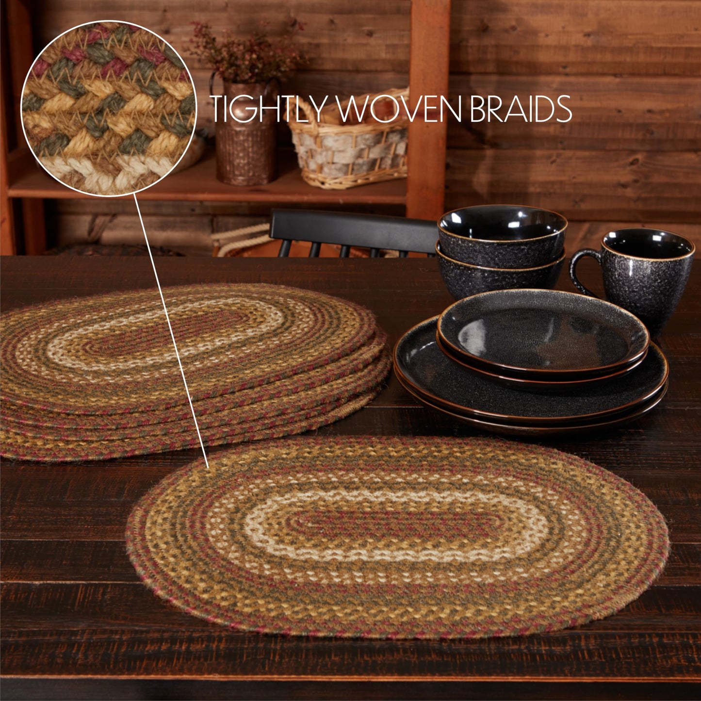 VHC Brands Tea Cabin Rustic Jute Green Textured Striped Oval Kitchen Placemat Set of 6 12"x18"
