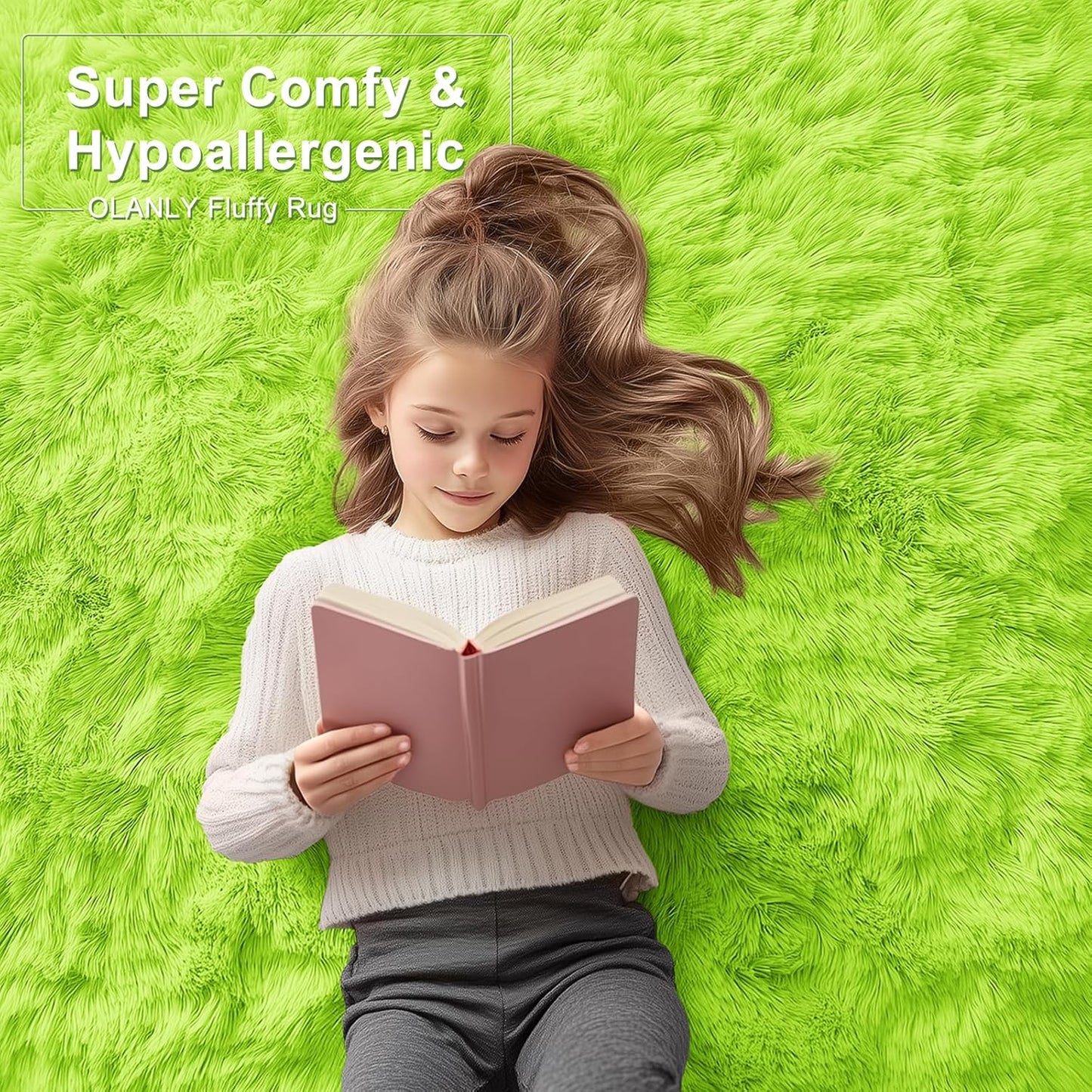 OLANLY 3x5 Machine Washable Bedside Rug - Soft Fluffy Shaggy Carpet for Kids & Nursery | Lime Green