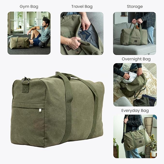 Canvas Duffle Bag ??Multipurpose Bag for Travel, Gym, Weekender, Carry On & More ??Durable, Spacious, Unisex Overnight Bag for Men & Women ??Perfect for Sports, and Everyday Use (Green)