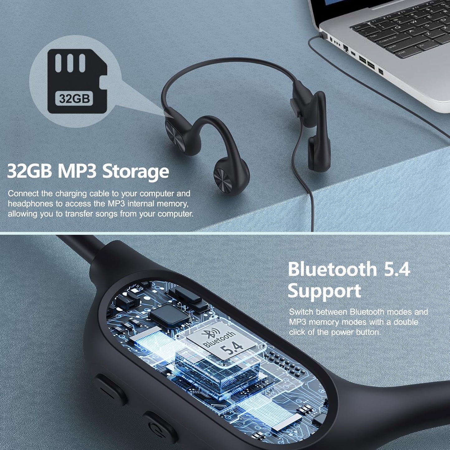 Swimming 5.4,IPX8 Earbuds,32G MP3-Player Swimming,Open Headphones,Bone Conduction Headphones Bluetooth Waterproof