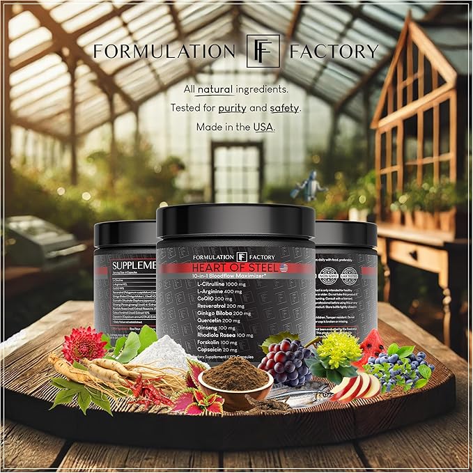 Heart of Steel: 10-in-1 Metabolic Maximizer Nitric Oxide Supplement, Blood Pressure Support, L Arginine, L Citrulline Natural Pre-Workout: Energy Management 120 Count