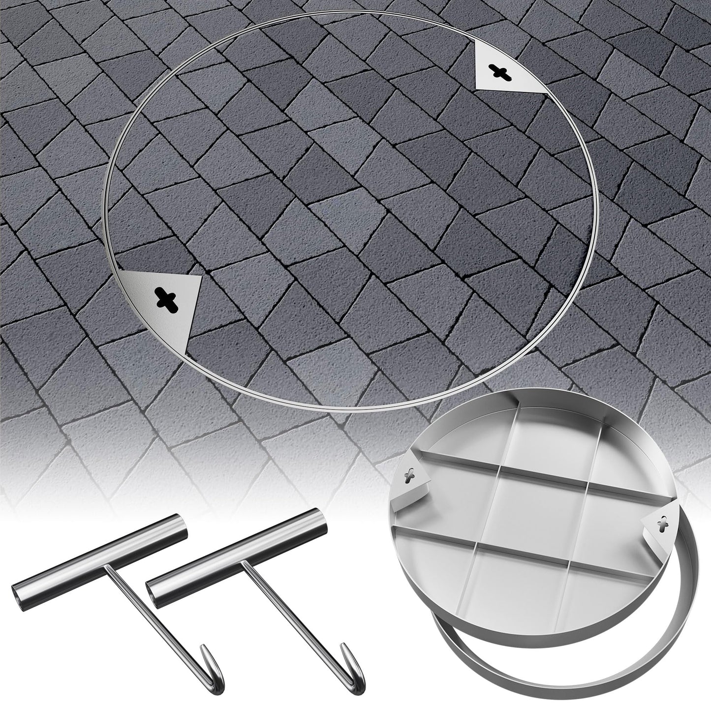 24 inch Stainless Steel Invisible Manhole Cover, Round Embedded Septic Tank Cover with Frame and Lifting Hooks, for Yard/Pavement