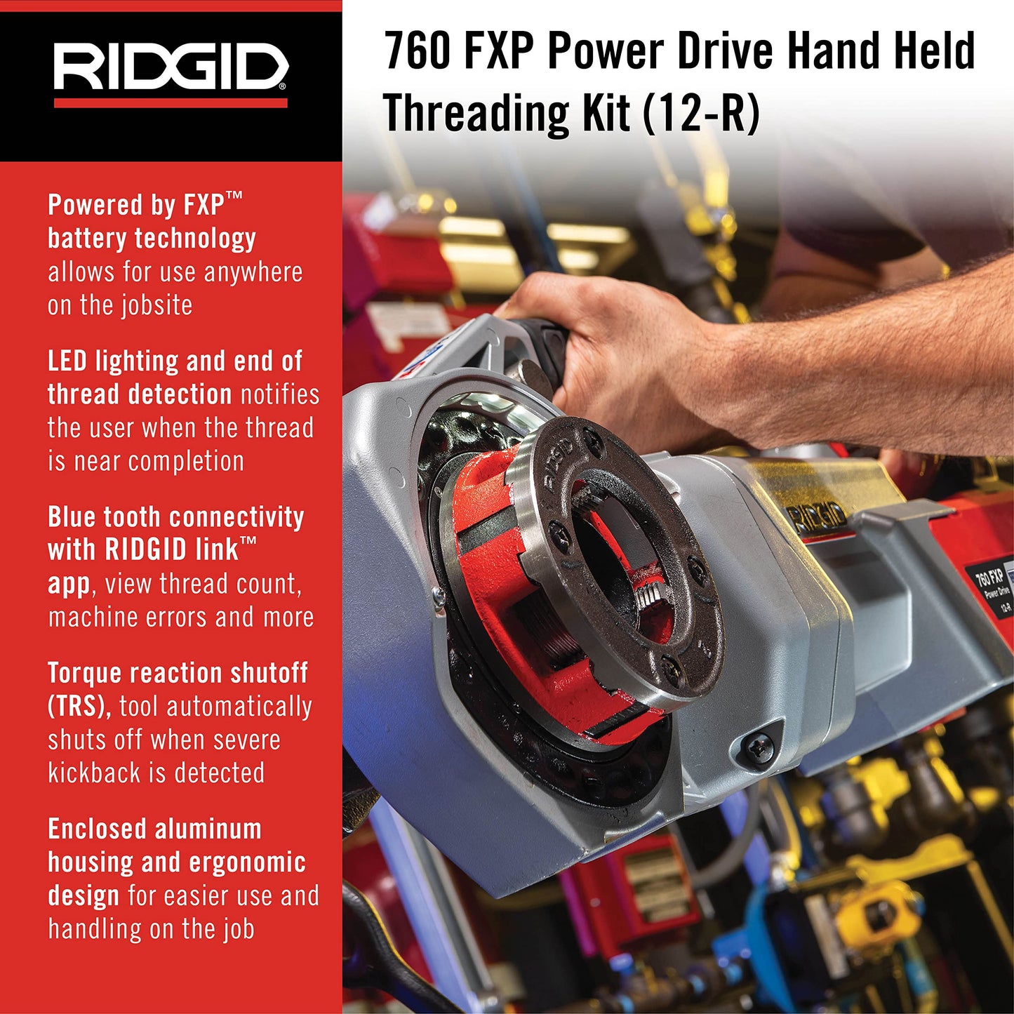 RIDGID 760 FXP Cordless Power Drive with 12-R Tool, Support Arm, and Case, Battery-Powered Pipe Threading Machine
