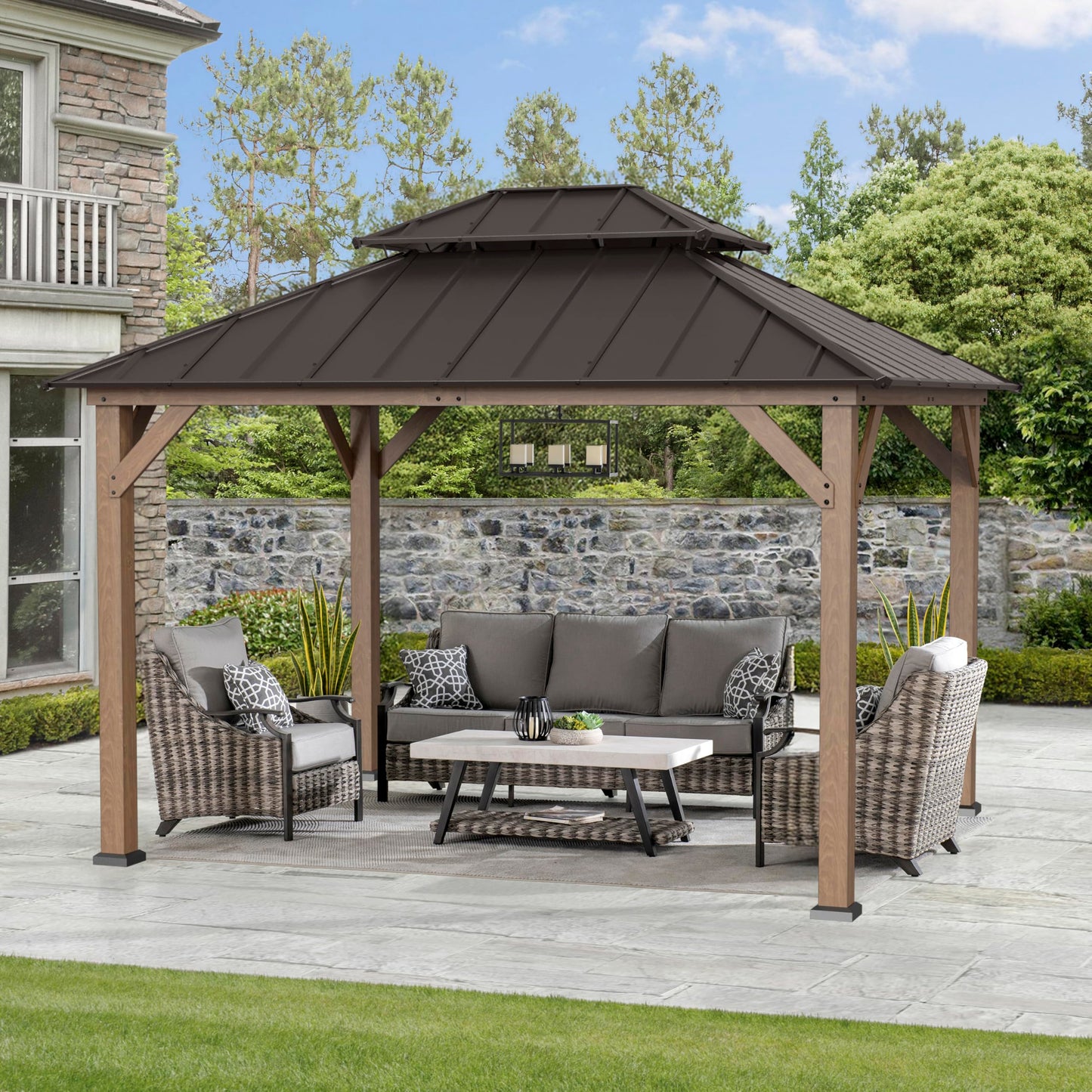 Sunjoy 10 x 12 ft. Wood Gazebo, Outdoor Patio Steel Hardtop Gazebo, Cedar Framed Wooden Gazebo with 2-Tier Metal Roof, Suitable for Patios, Lawn and Backyard, Dark Brown Roof + Dark Wood Frame