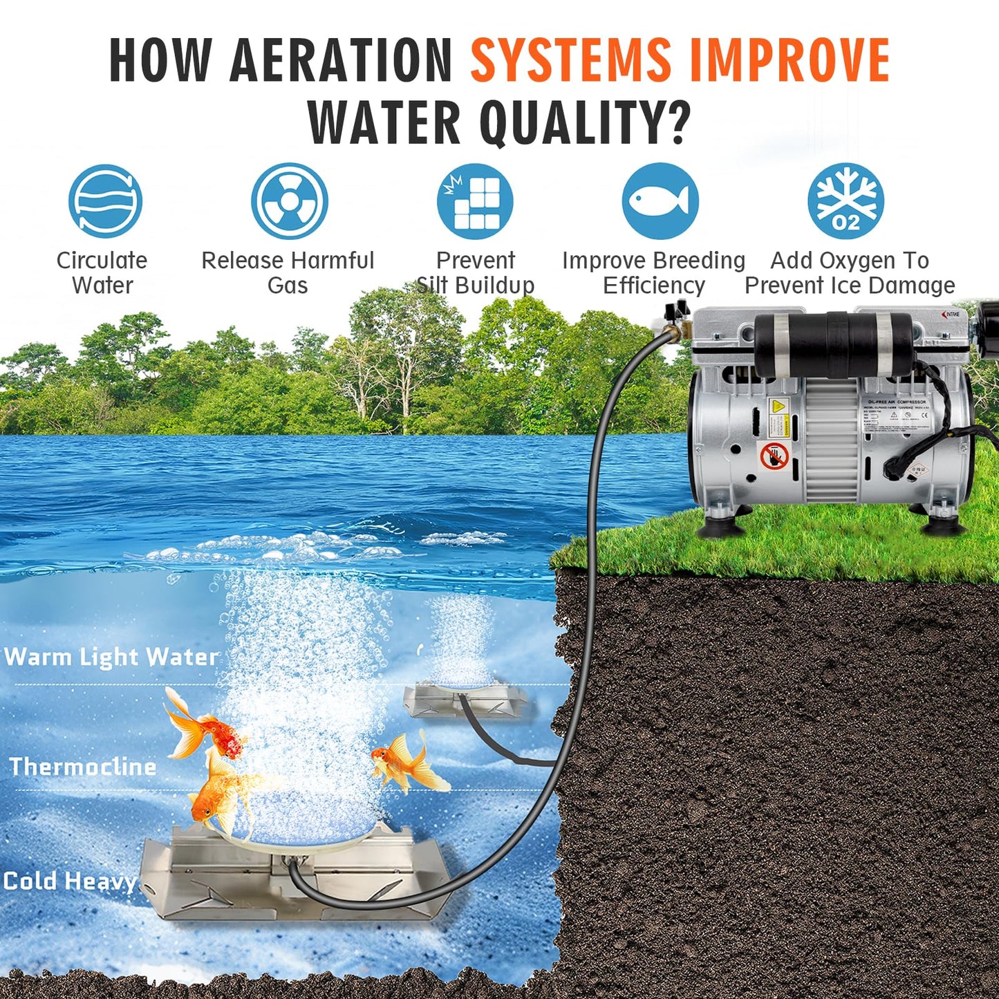 Pond Aerator, 3/4 HP Compressor for Up to 3 Acres, Dual Adjustable Outlets, Timer, Valves. Bubbler Up to 60 Feet Deep, Pond Aerators/Pond Pumps for Outdoor Ponds