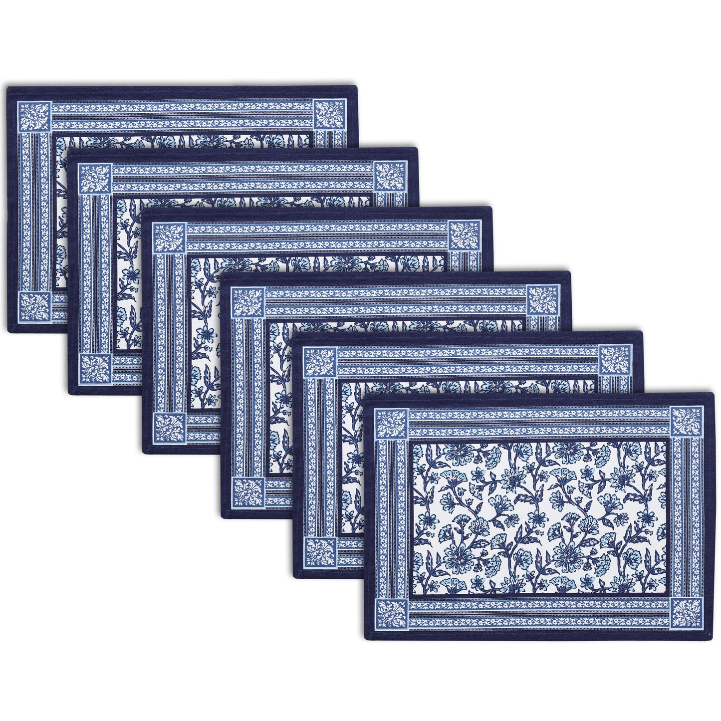 Encasa XO Dining Table Mats Set of 6 | Indigo-02 Block Printed Cotton Canvas Placemat - 18x13 in | Jaipur Sanganeri Hand Print
