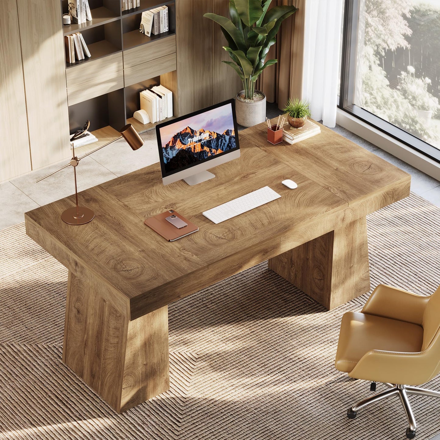 Tribesigns 55-Inch Executive Desk, Thick Wood Office Computer Desk with Double Pedestal, Modern Minimalist Workstations Writing Table Conference Table Furniture for Home Office, Brown