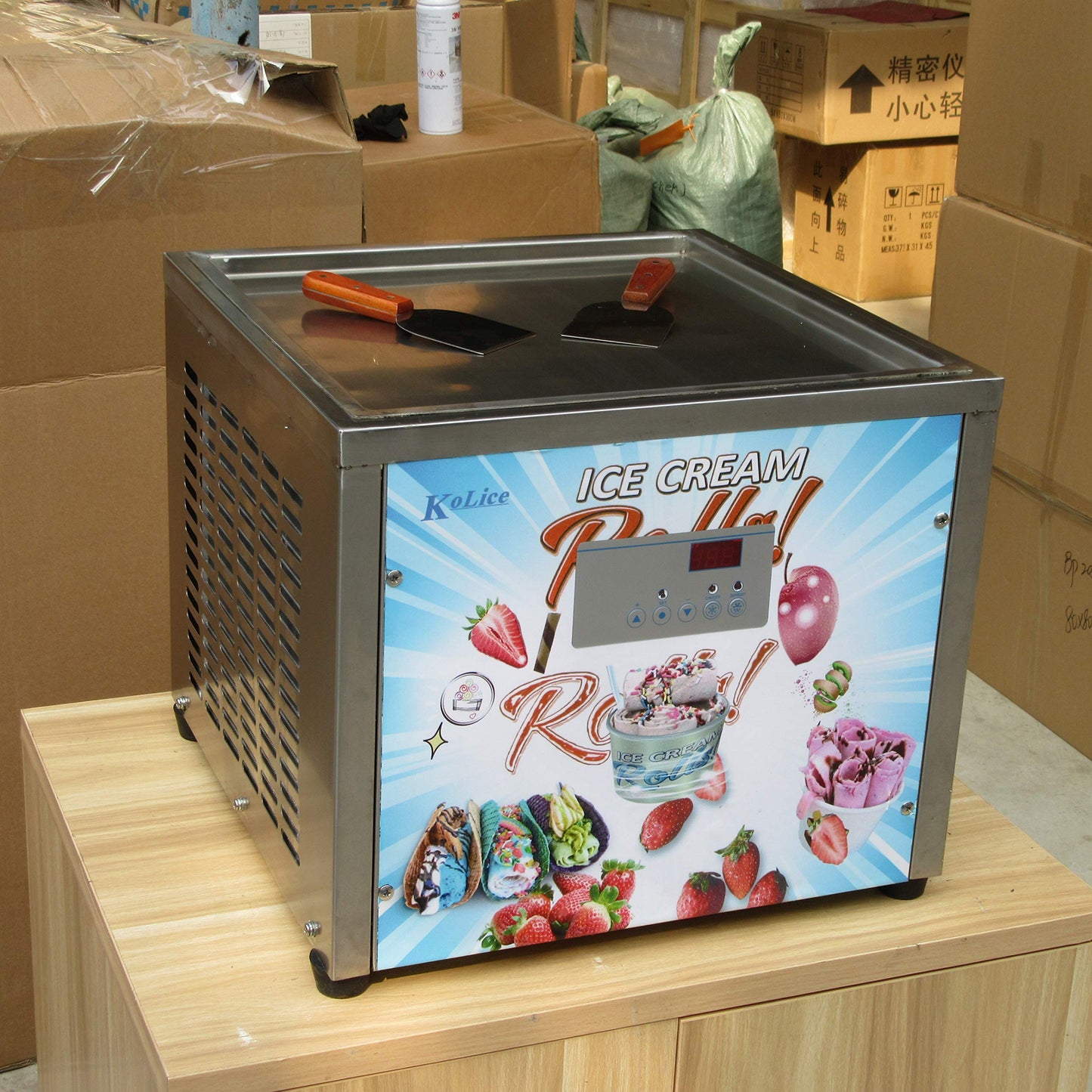 Kolice Commercial Countertop 18x18 inches Single Square Pan Fried Ice Cream Machine, Fry Ice Cream Roll Machine, Instant Roll Ice Cream Maker-AUTO DEFROST and PCB Smart AI Temp. Controller
