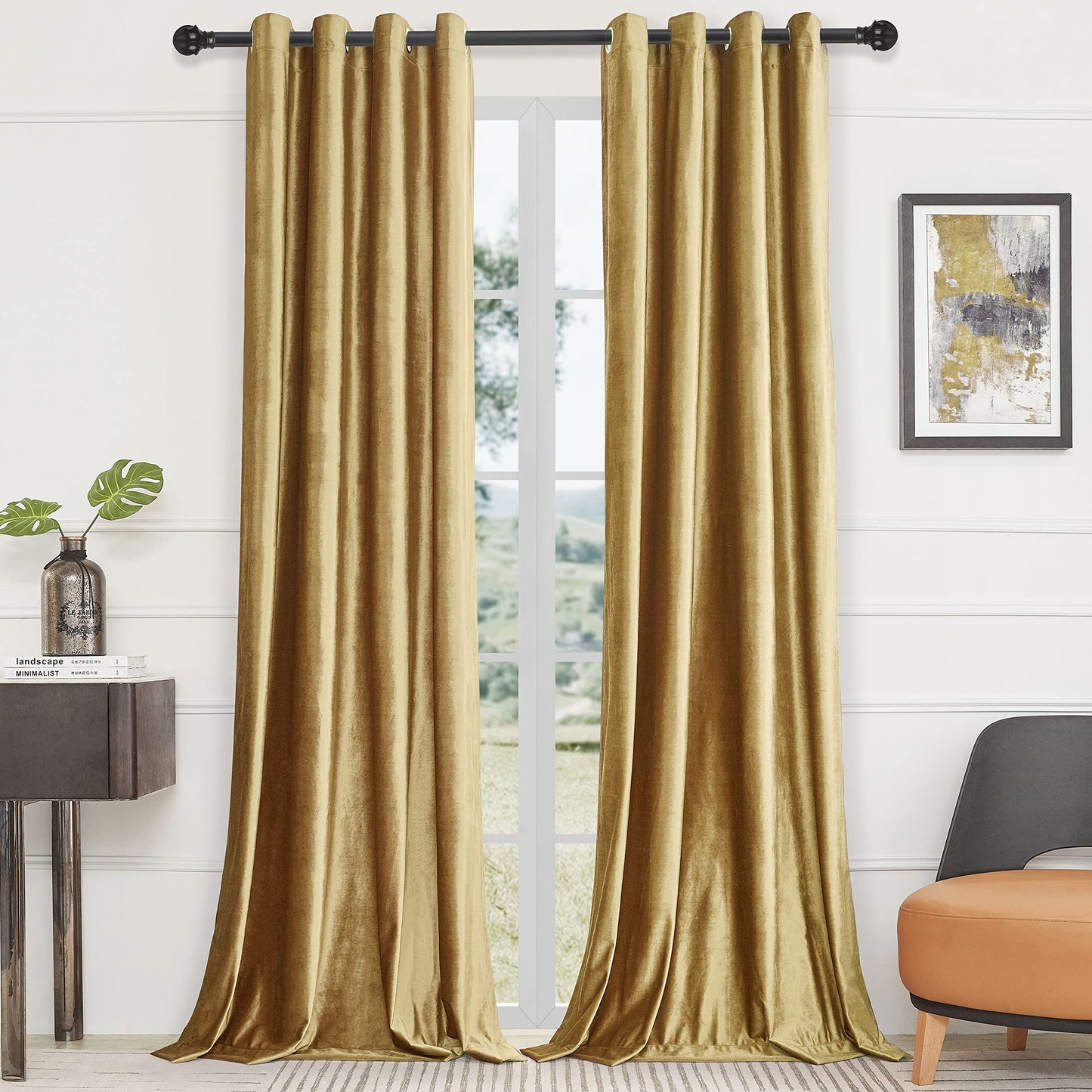 BULBUL Velvet Gold Curtains 120 inch Length- Living Room Blackout Thermal Window Drapes Darkening Decor Grommet Curtains for Bedroom Set of 2 Panels