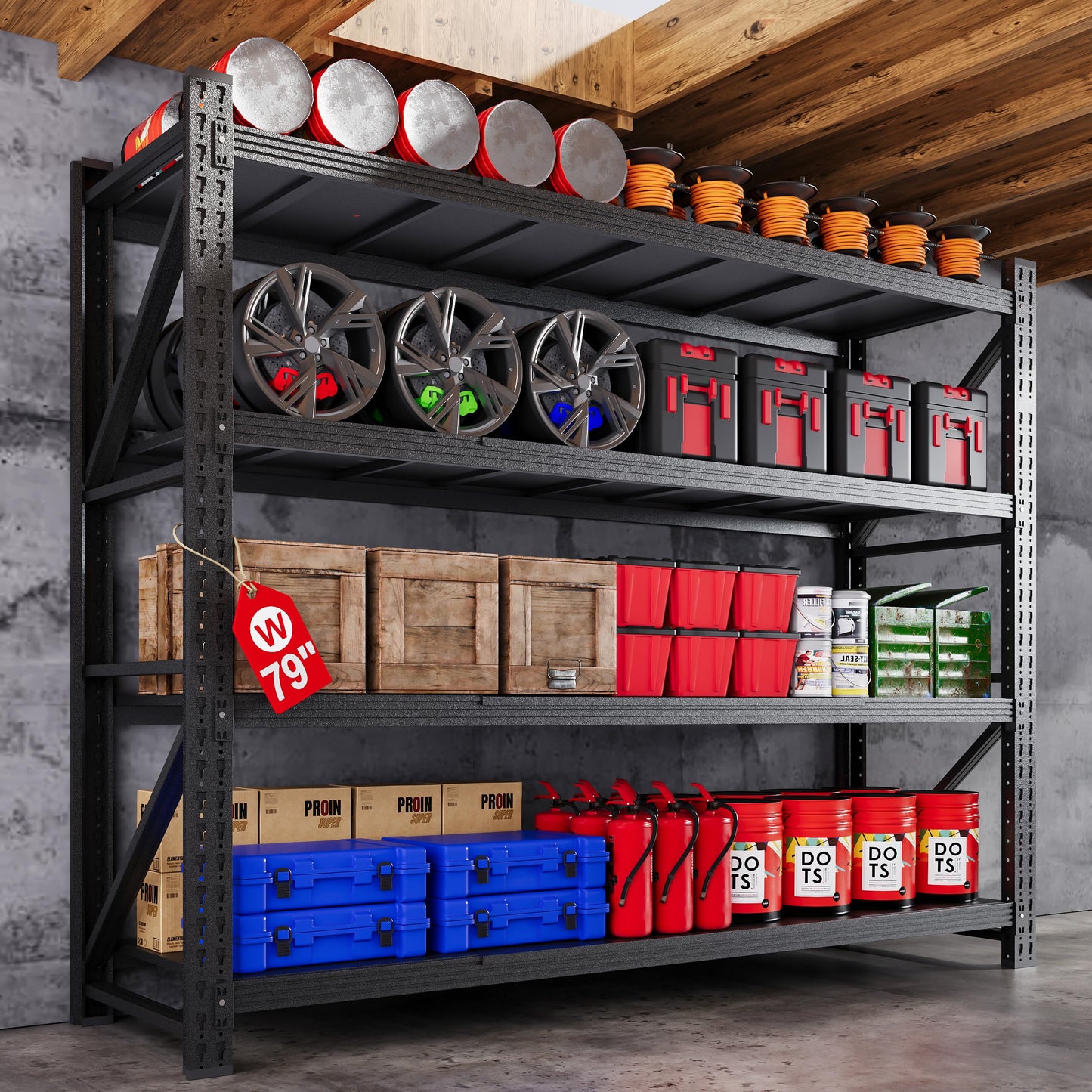 79”W Garage Shelving Heavy Duty, 6000LBS Metal Storage Shelves, 24” Deep Storage rack shelf, Steel Tall Industrial Shelving , 4 Tier Adjustable Standing Shelf for Warehouse / Shop 79"W x 24"D x 79"H