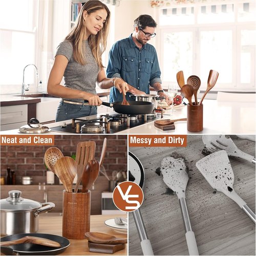 Mooues 9-Piece Natural Teak Wooden Kitchen Utensil Set - Comfort Grip Spoons & Utensils Holder