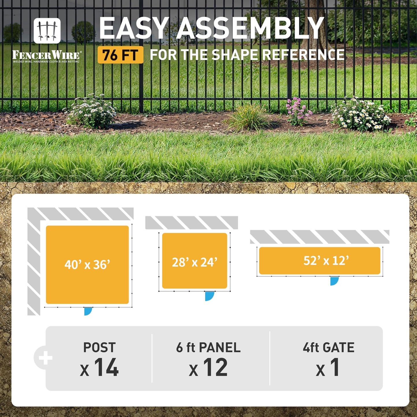 Fencer Wire 76FT Heavy Duty Pinnacle Fence Barrier Kit, Anti-Rust Metal Steel Fence with 5FT Height X 6FT Width Panels, with Arched Gate, Posts, Connectors, Outdoor Fencing for Yard