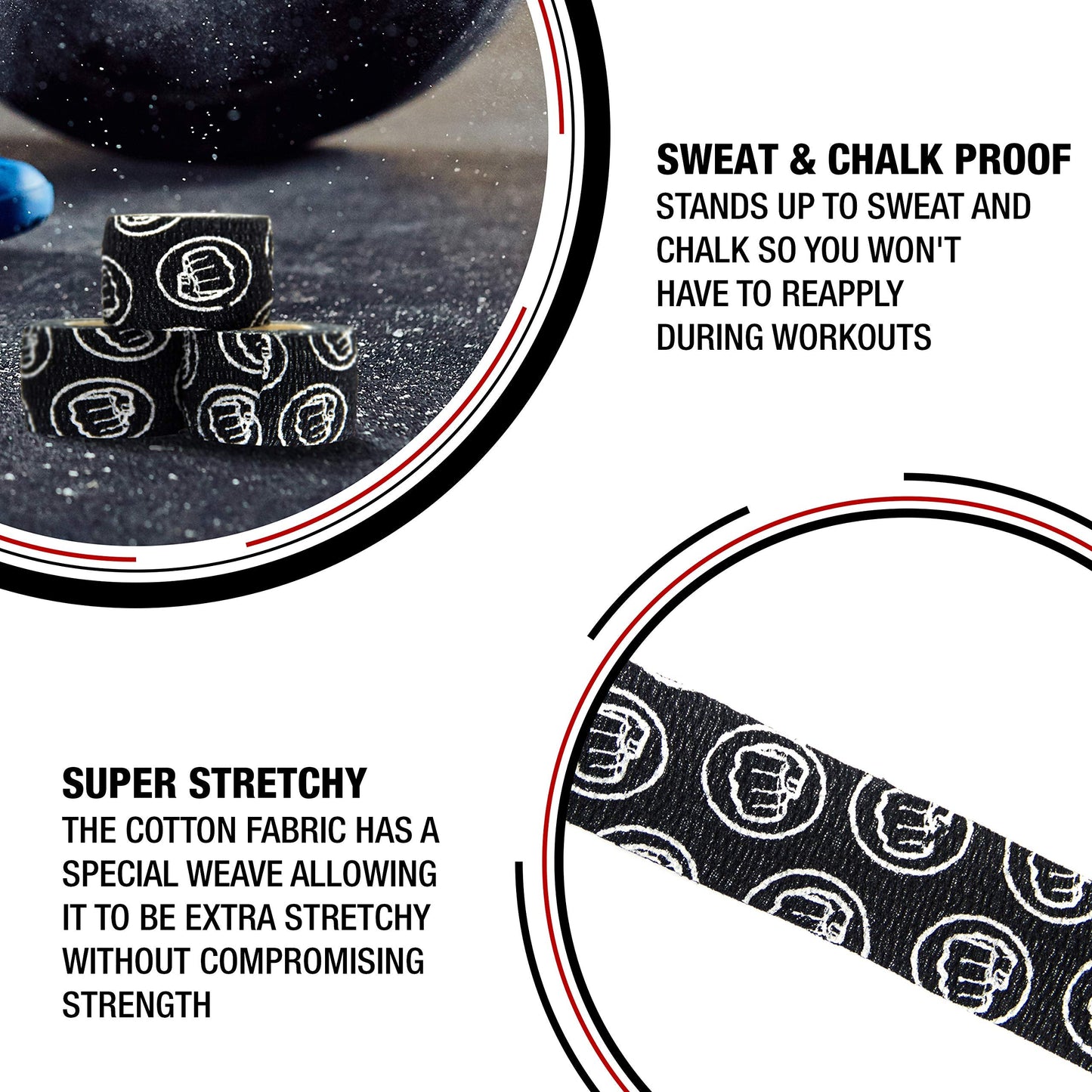 WOD Nation Hook Grip Athletic Tape - for Weightlifting Grips & Gym Sessions - Sweat-Proof Workout Tape - Versatile Weightlifting Accessories - Pack of 3, 23 ft, Black